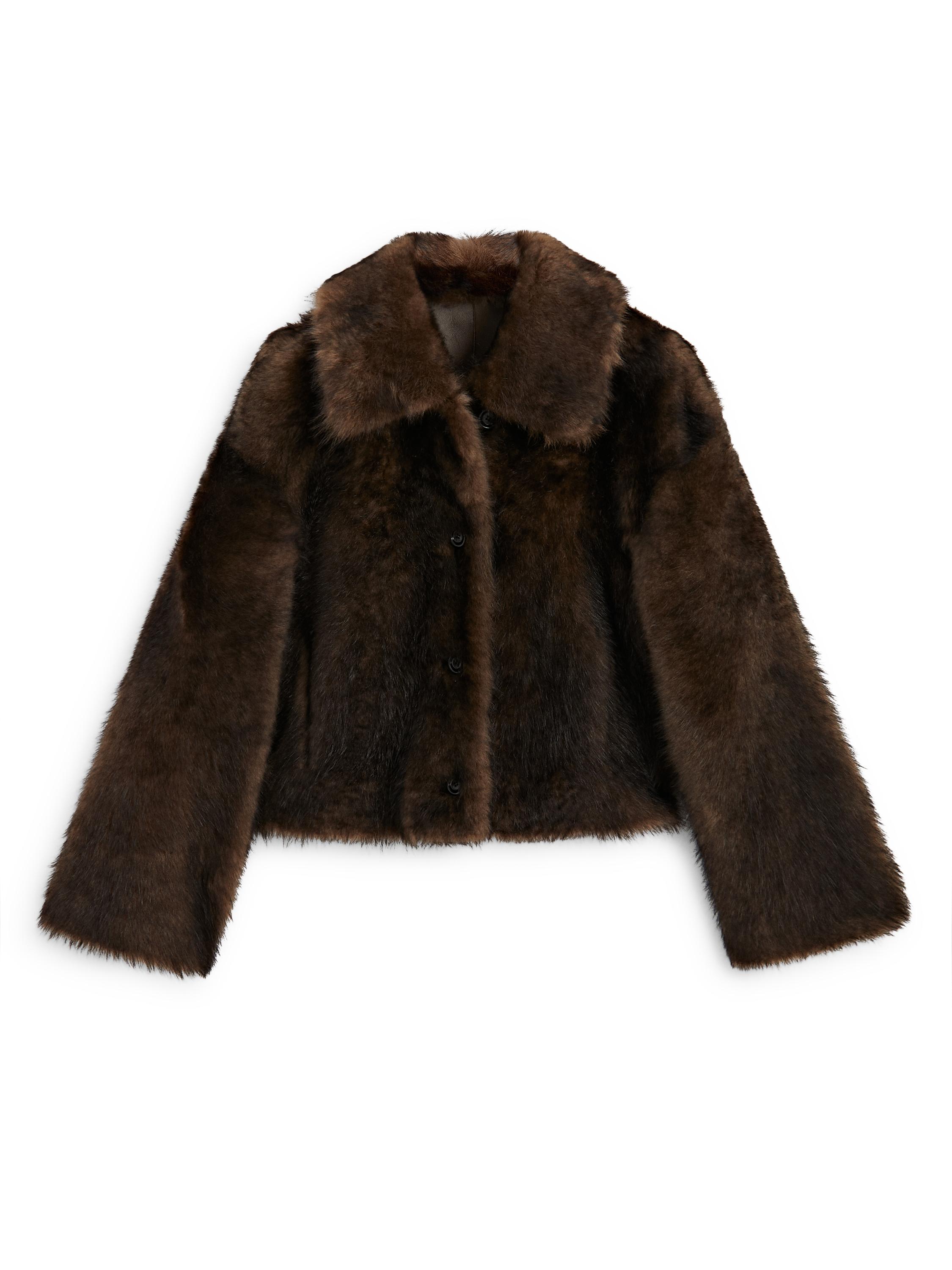 Short leather coat with fur — BROWN