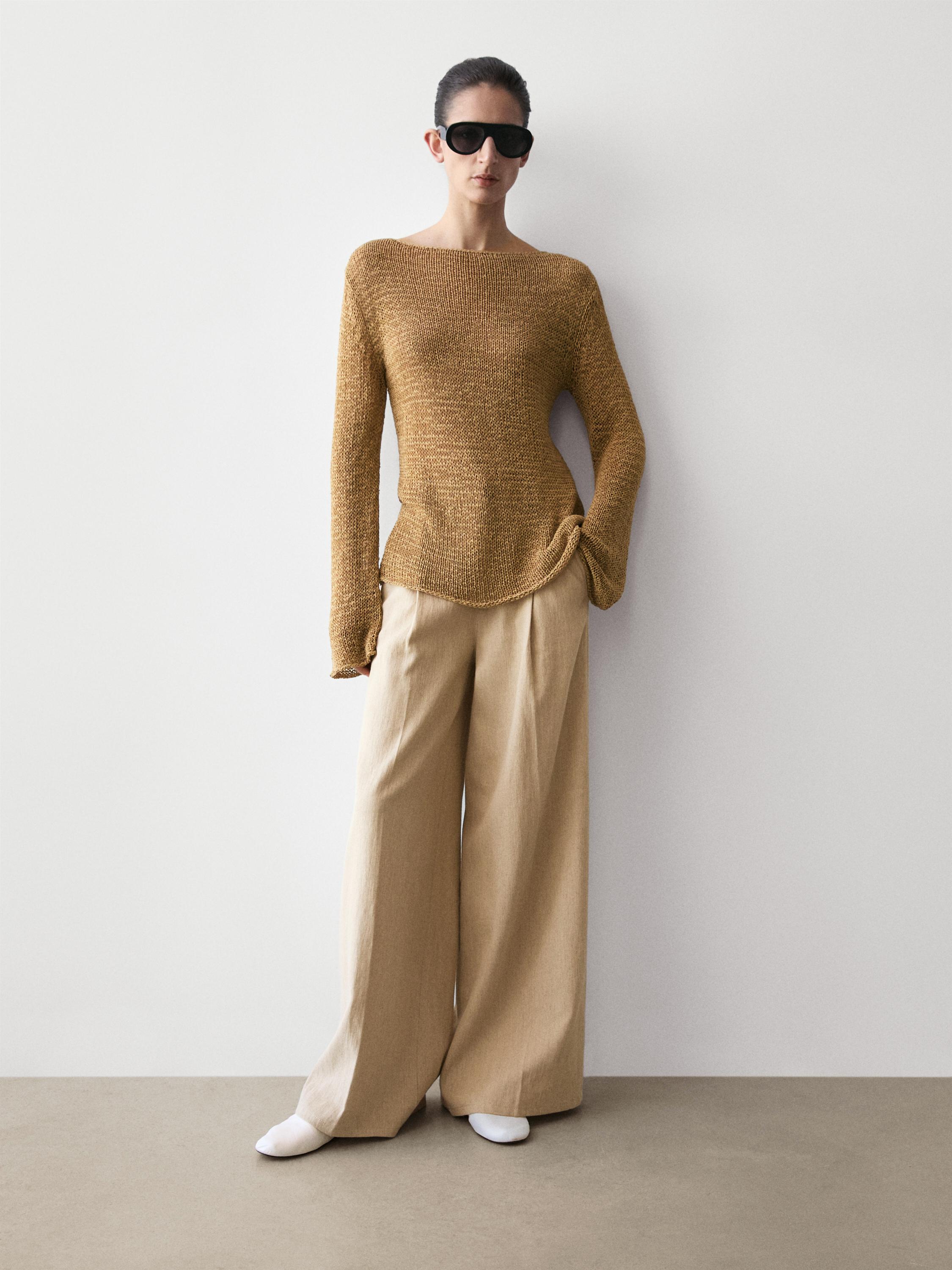 Cotton blend knit boat neck sweater — OCHRE
