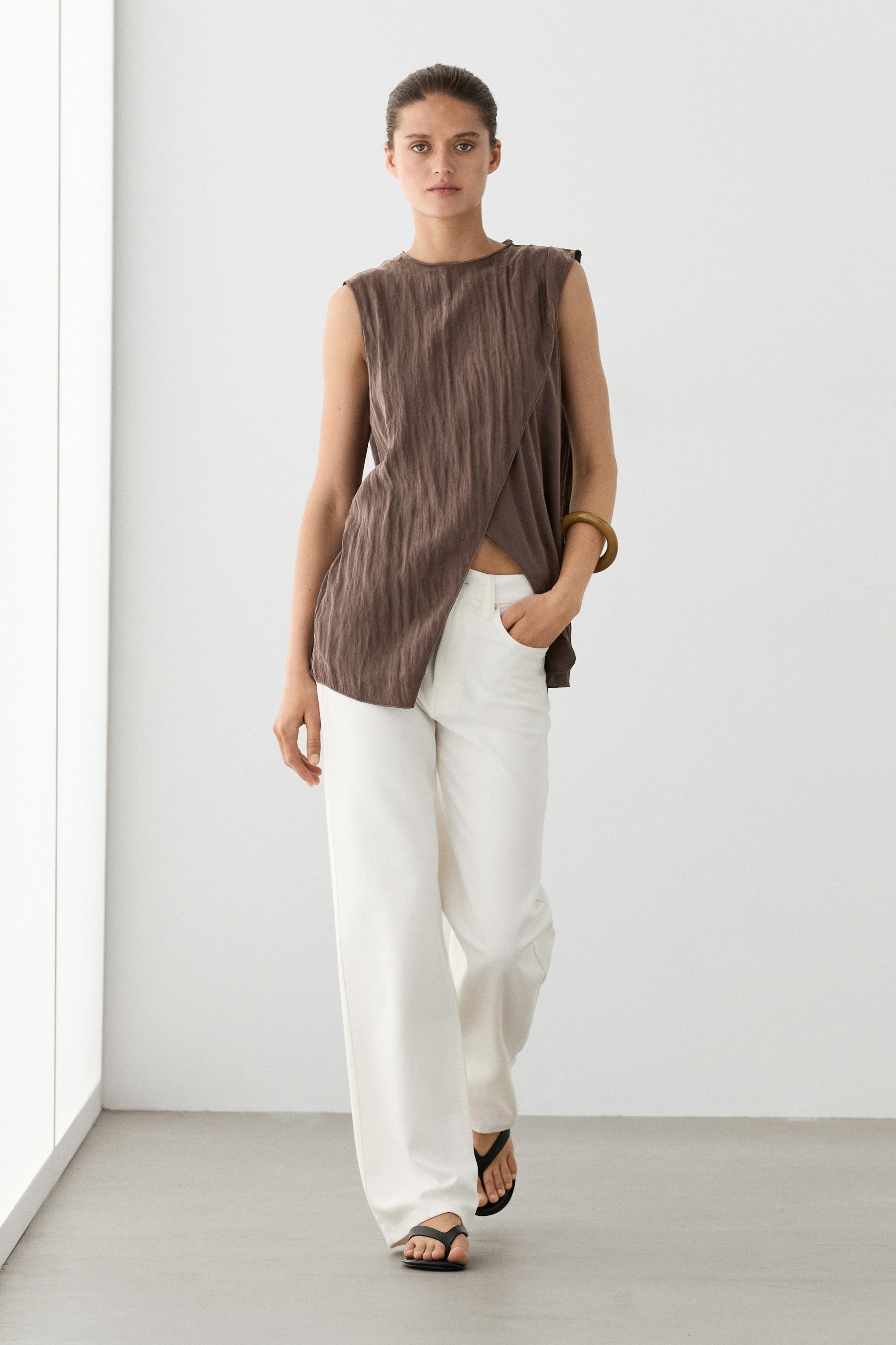 Crossover top with shoulder scarf detail — BROWN