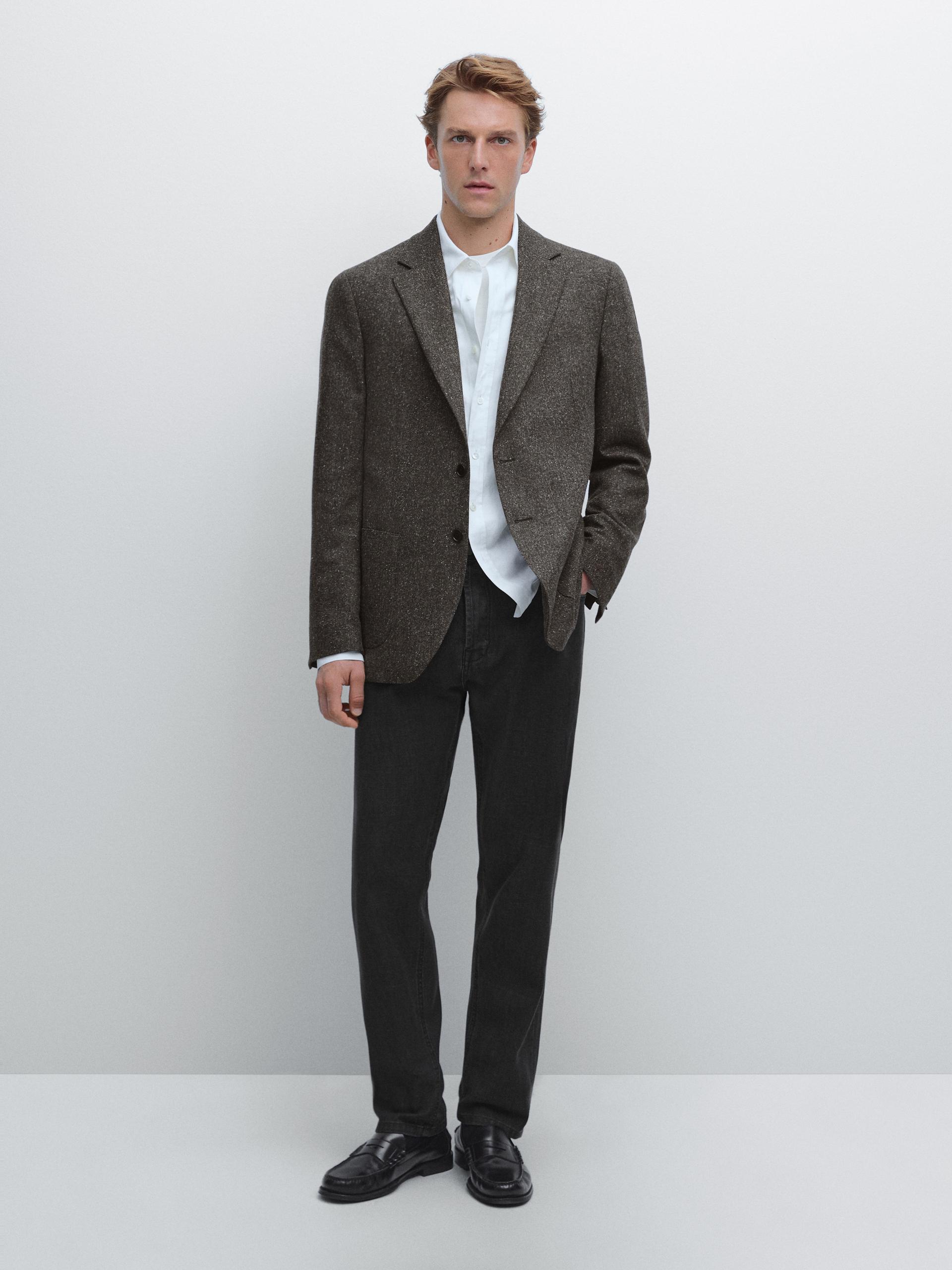 Blazer Bottonato En Laine Mélangée - Brun Vigoré - 50 - Massimo Dutti - Homme