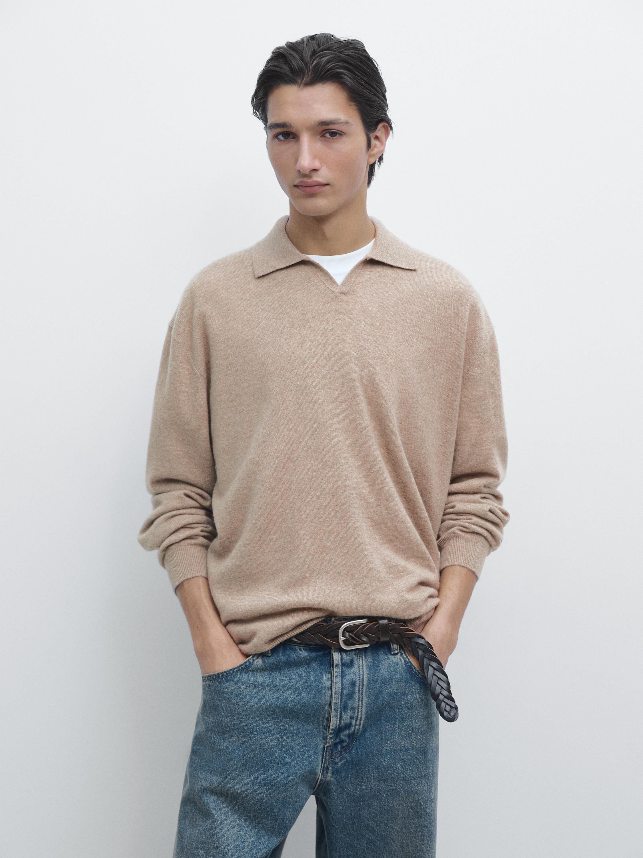 100% cashmere knit polo collar sweater — MINK
