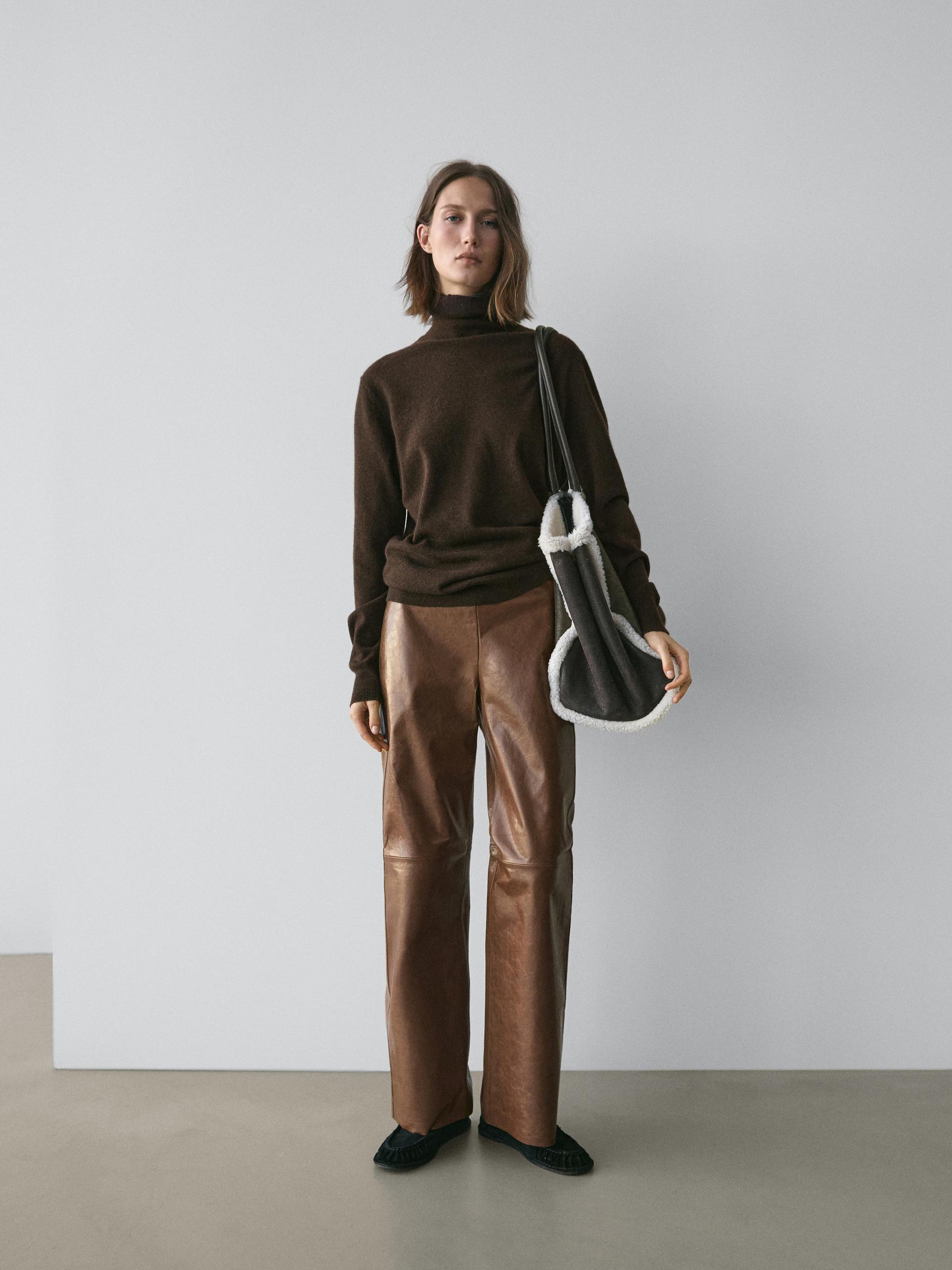 Pantalón Piel Napa Brillo - Camel - M - Massimo Dutti - Mujer