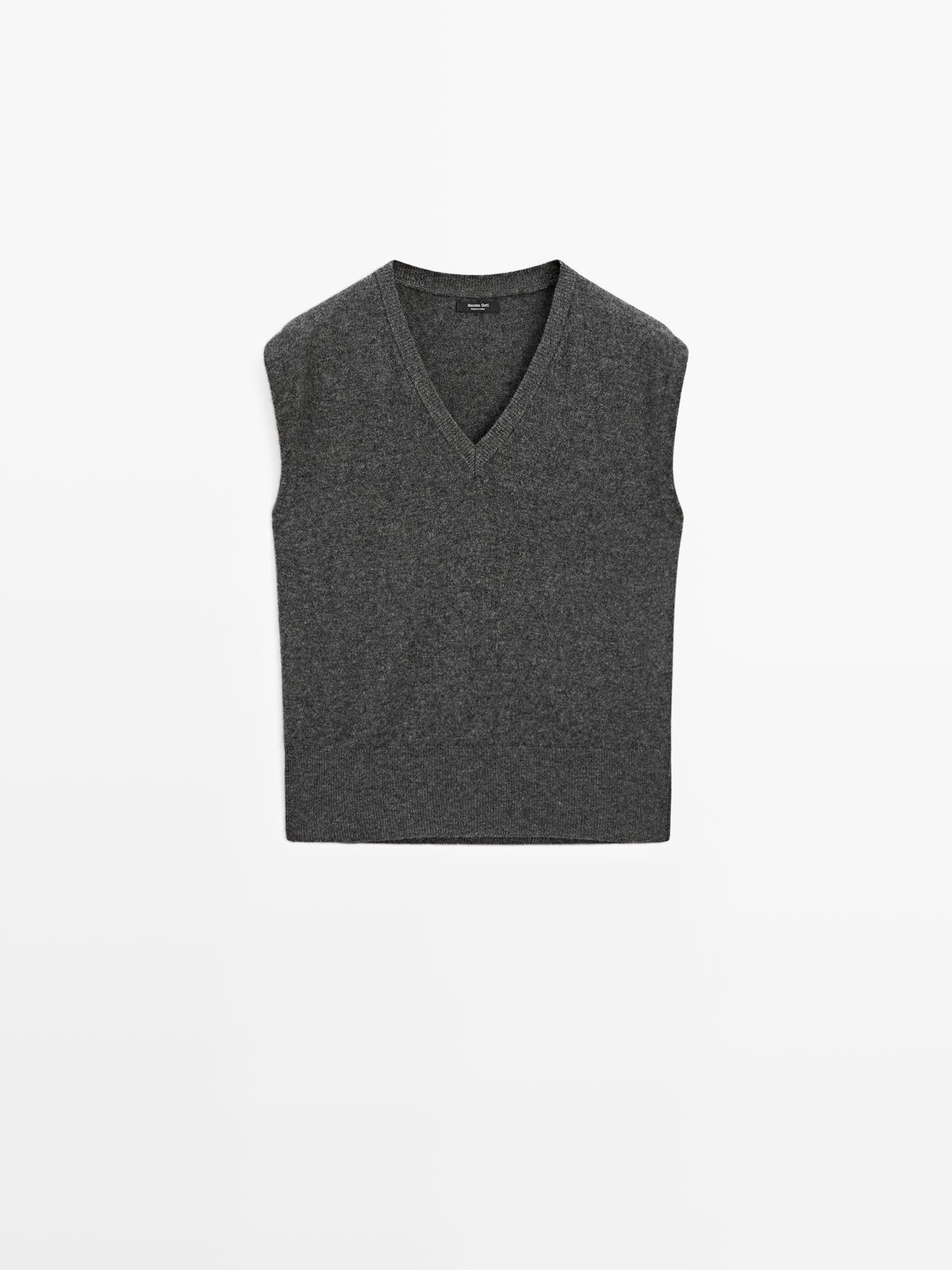 Massimo Dutti - Dames - Tricot Vest Met V-Hals - Halfgrijs - L