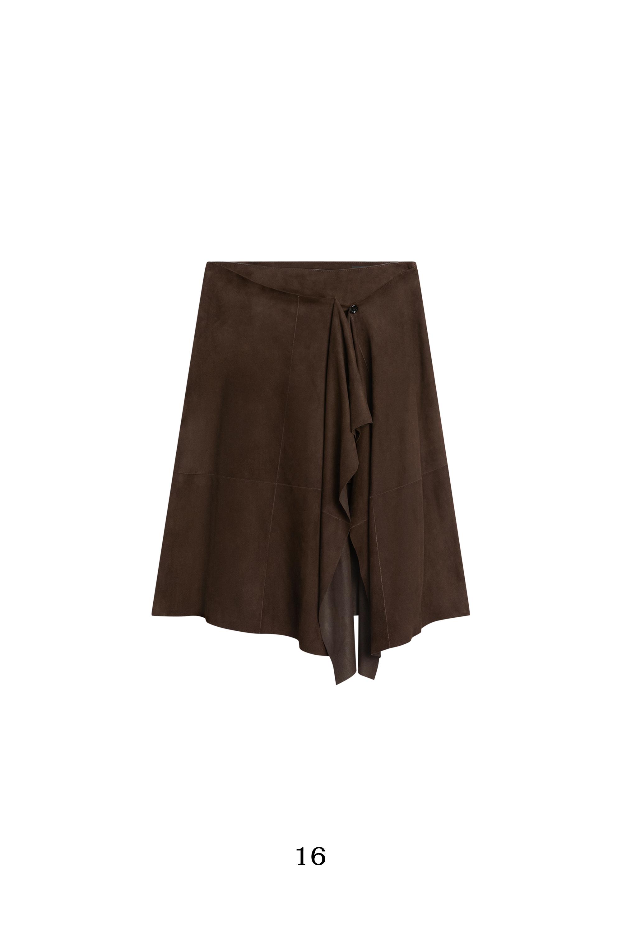 Suede leather midi skirt with ruffle detail — BROWN