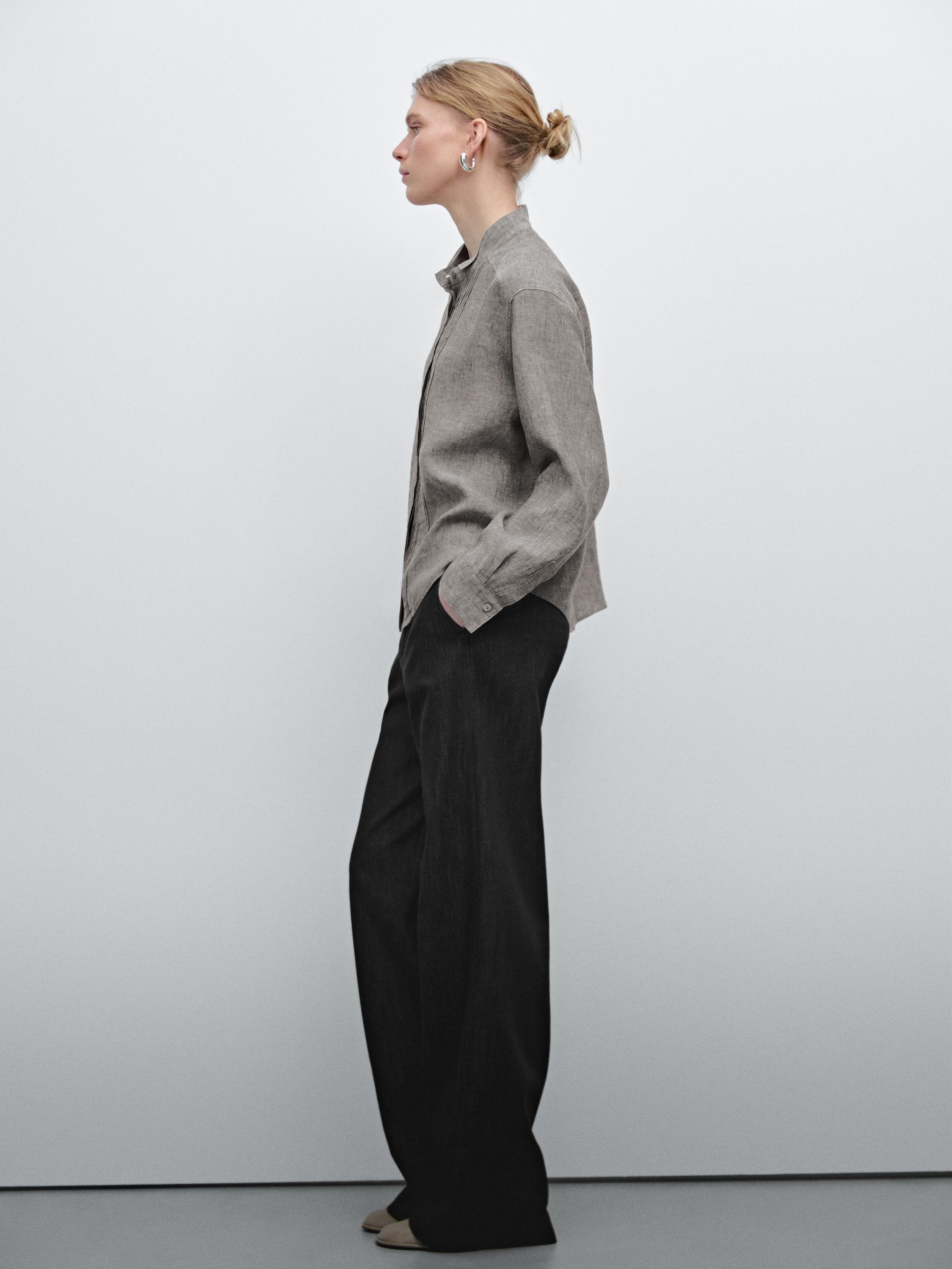 قميص كتان 100% بثنيات تزيينية