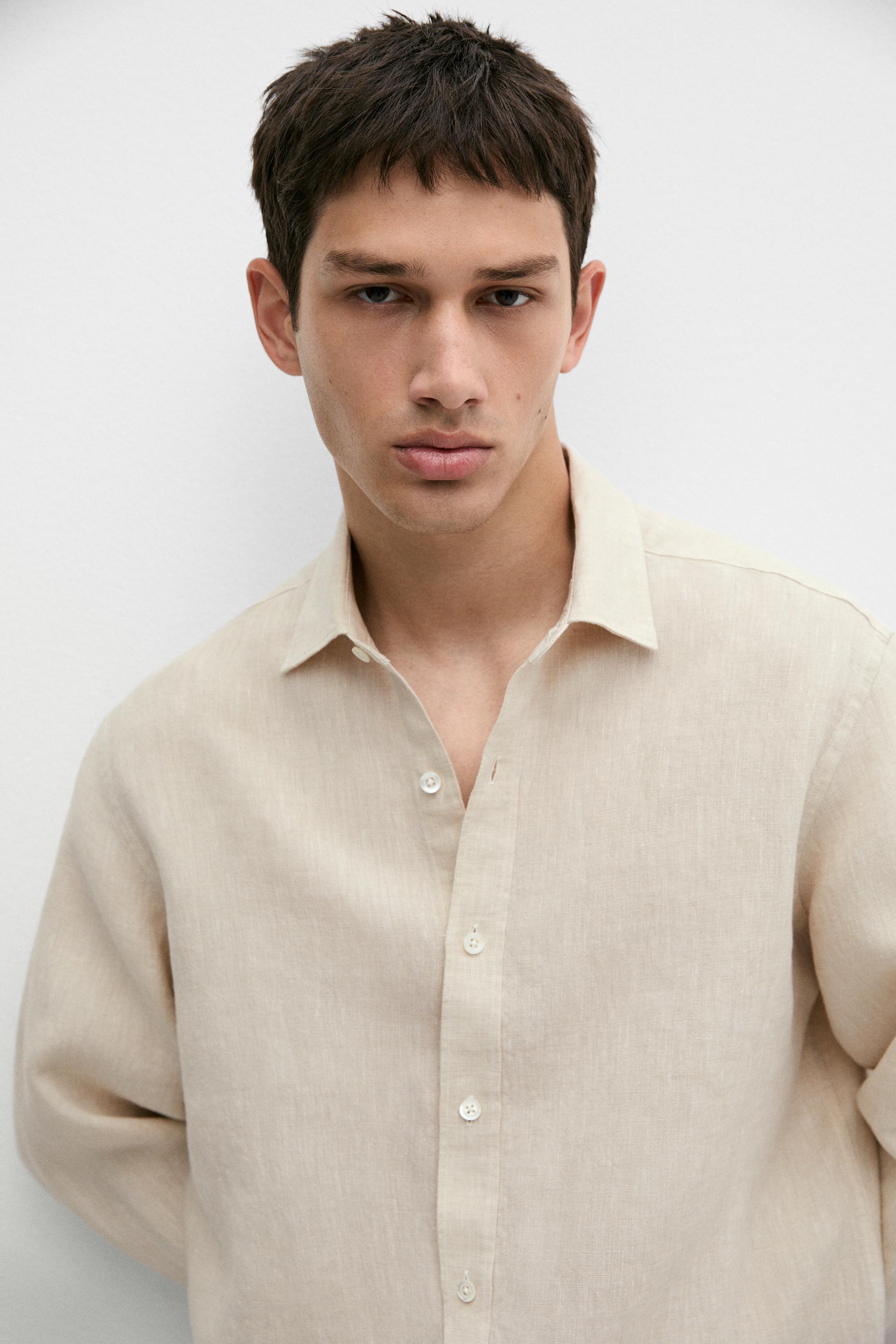Regular fit 100% linen delavé shirt — BEIGE