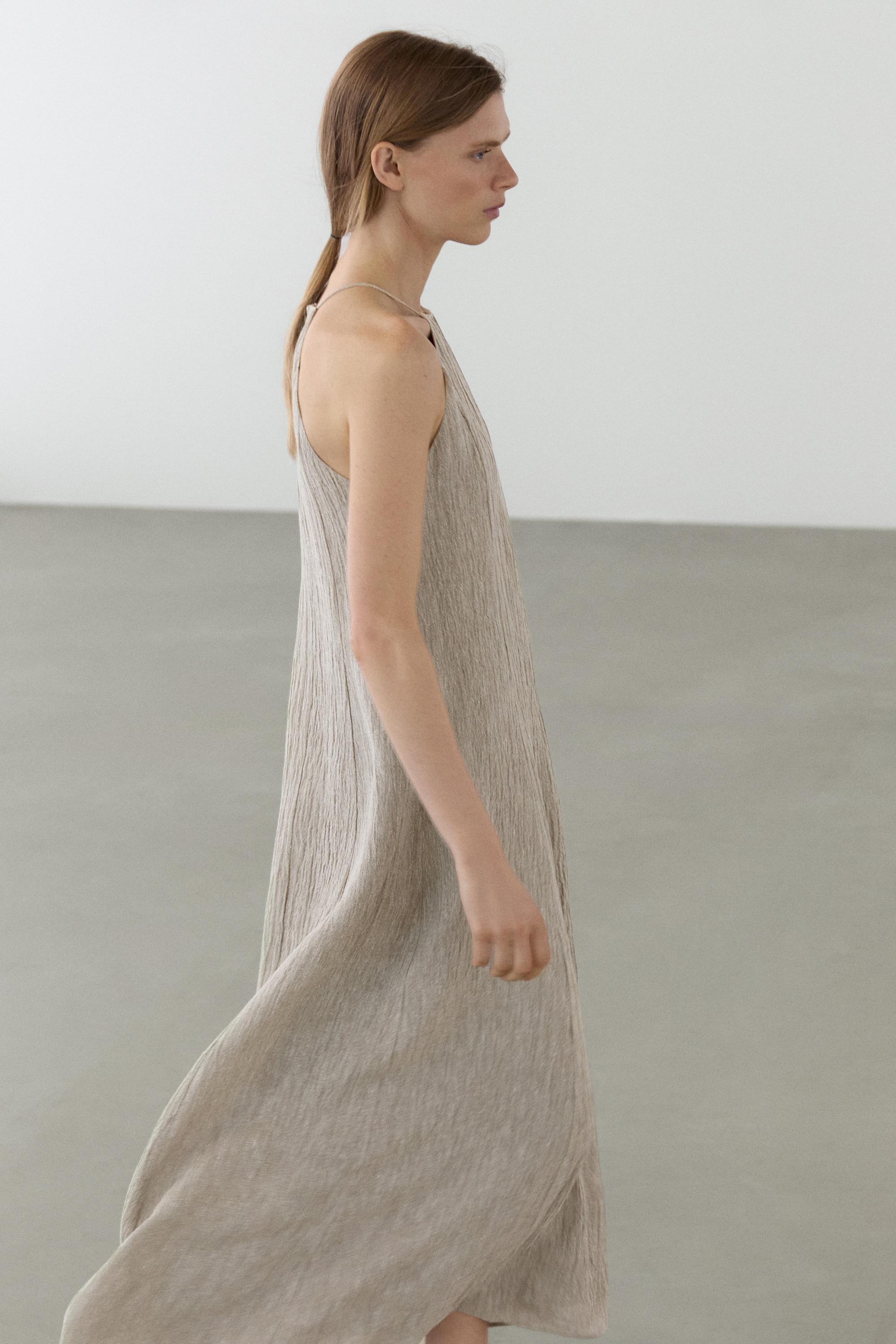 Flowing linen blend dress with gathered neckline — GREY