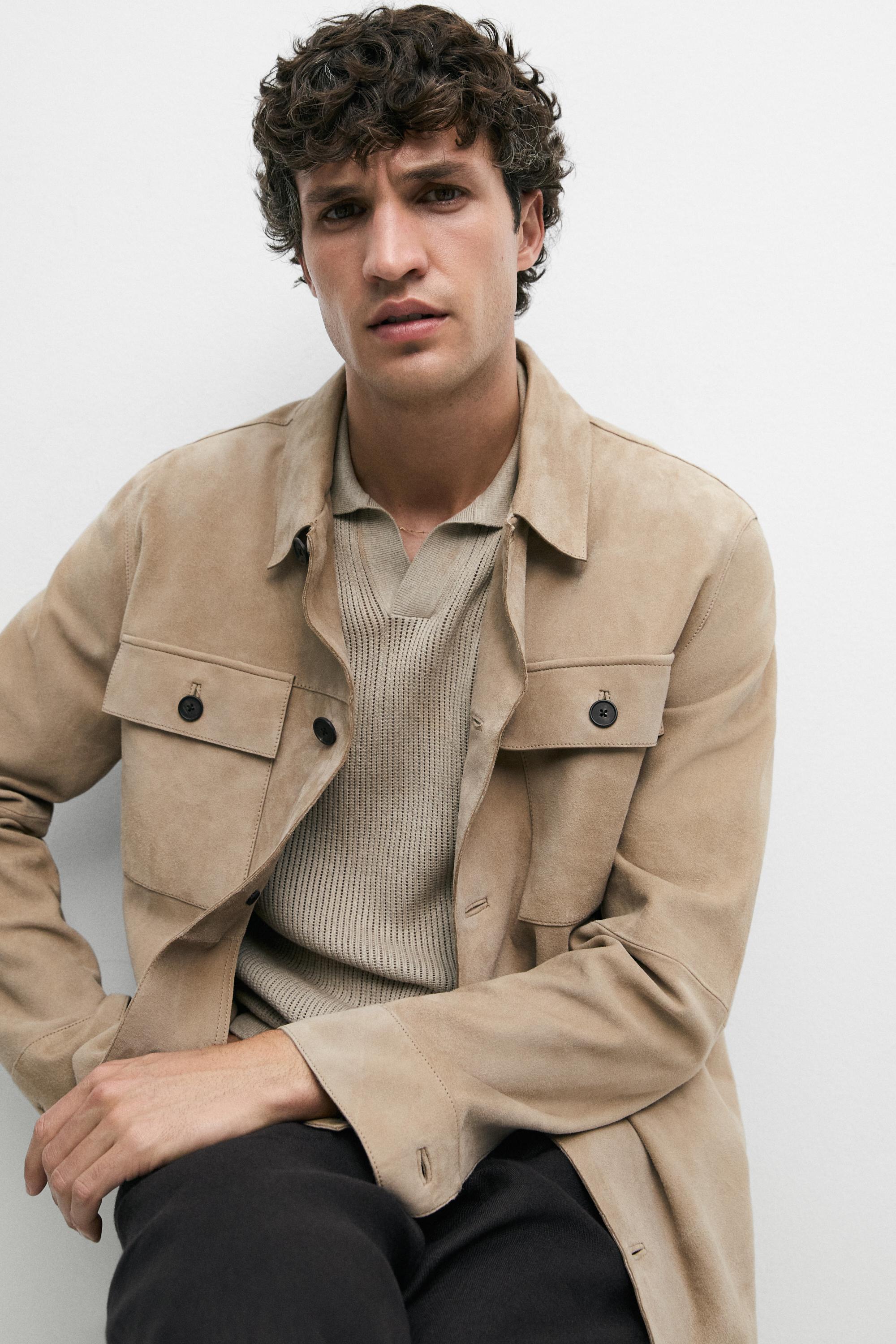 Suede leather overshirt — BEIGE