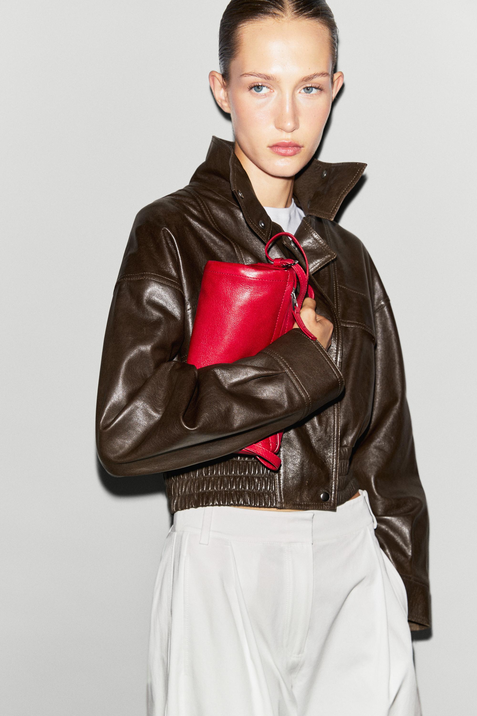 Cropped nappa leather bomber jacket — BROWN