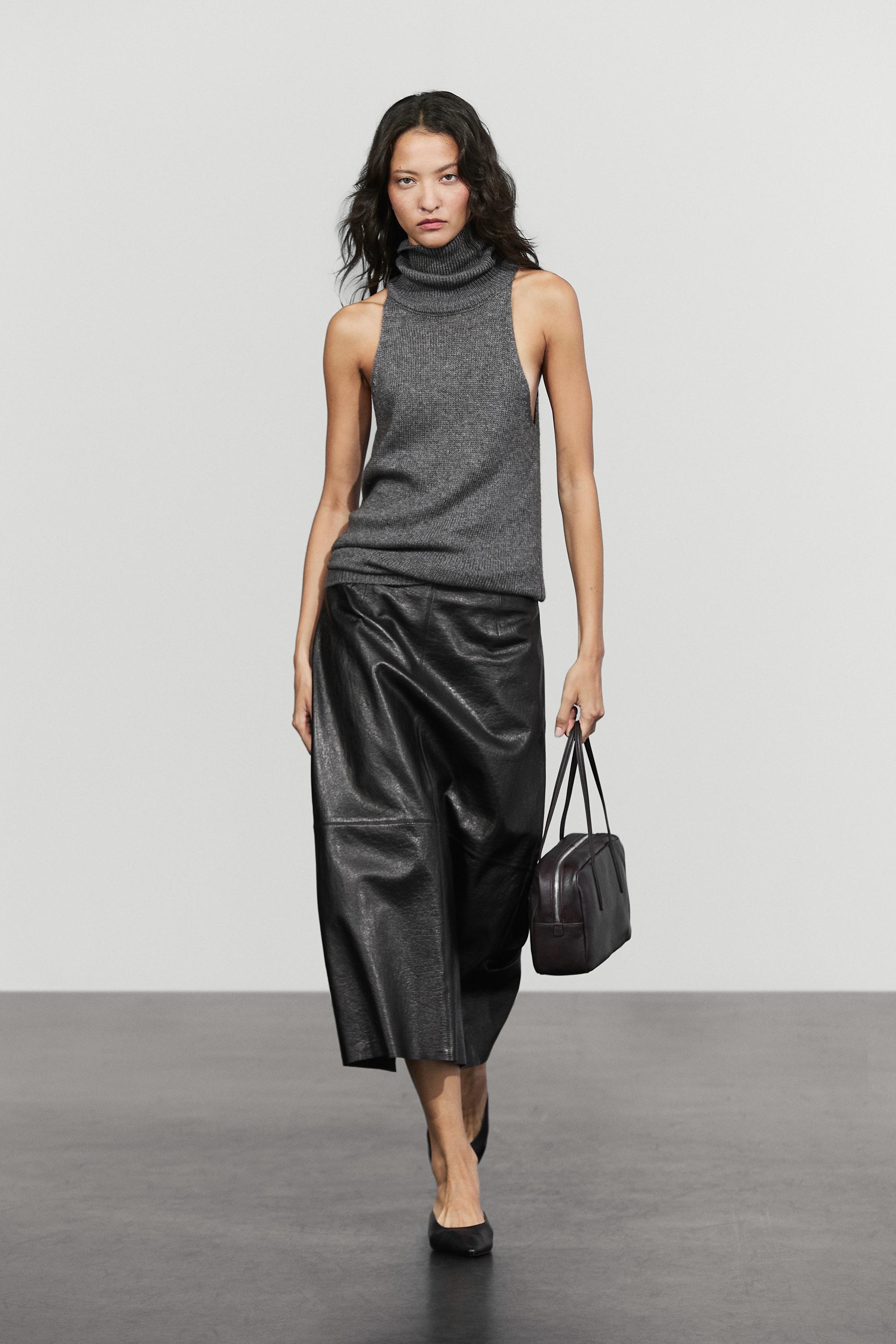 Nappa leather midi balloon skirt with seam details · Black · Skirt ...