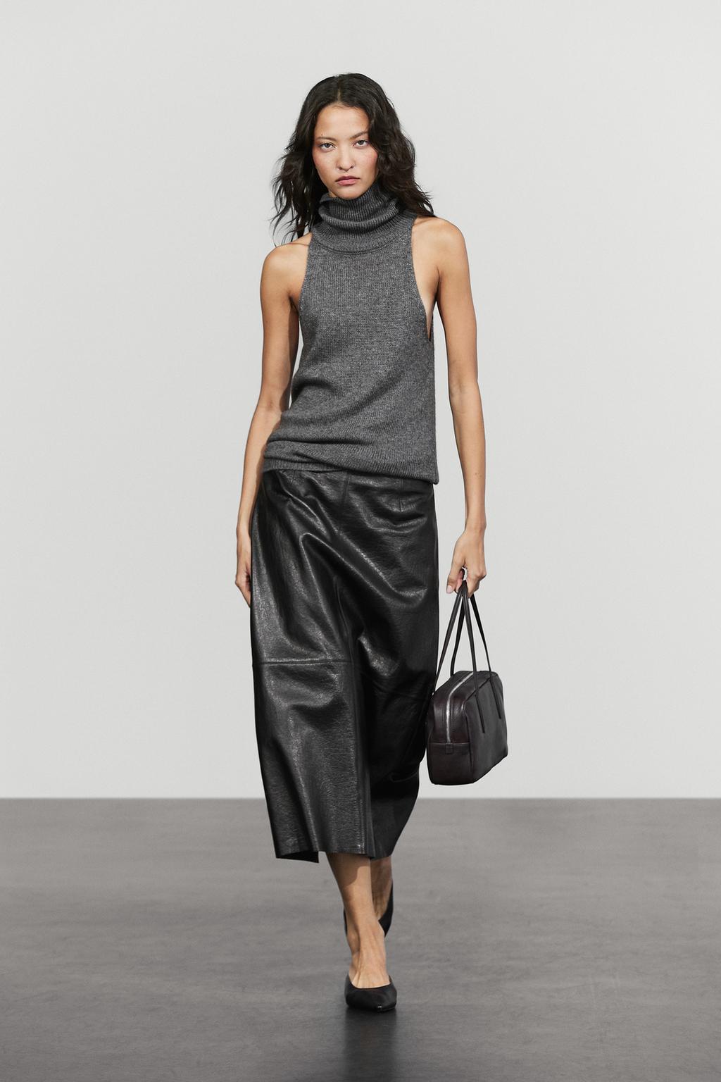 Nappa leather midi balloon skirt with seam details · Black · Skirt ...