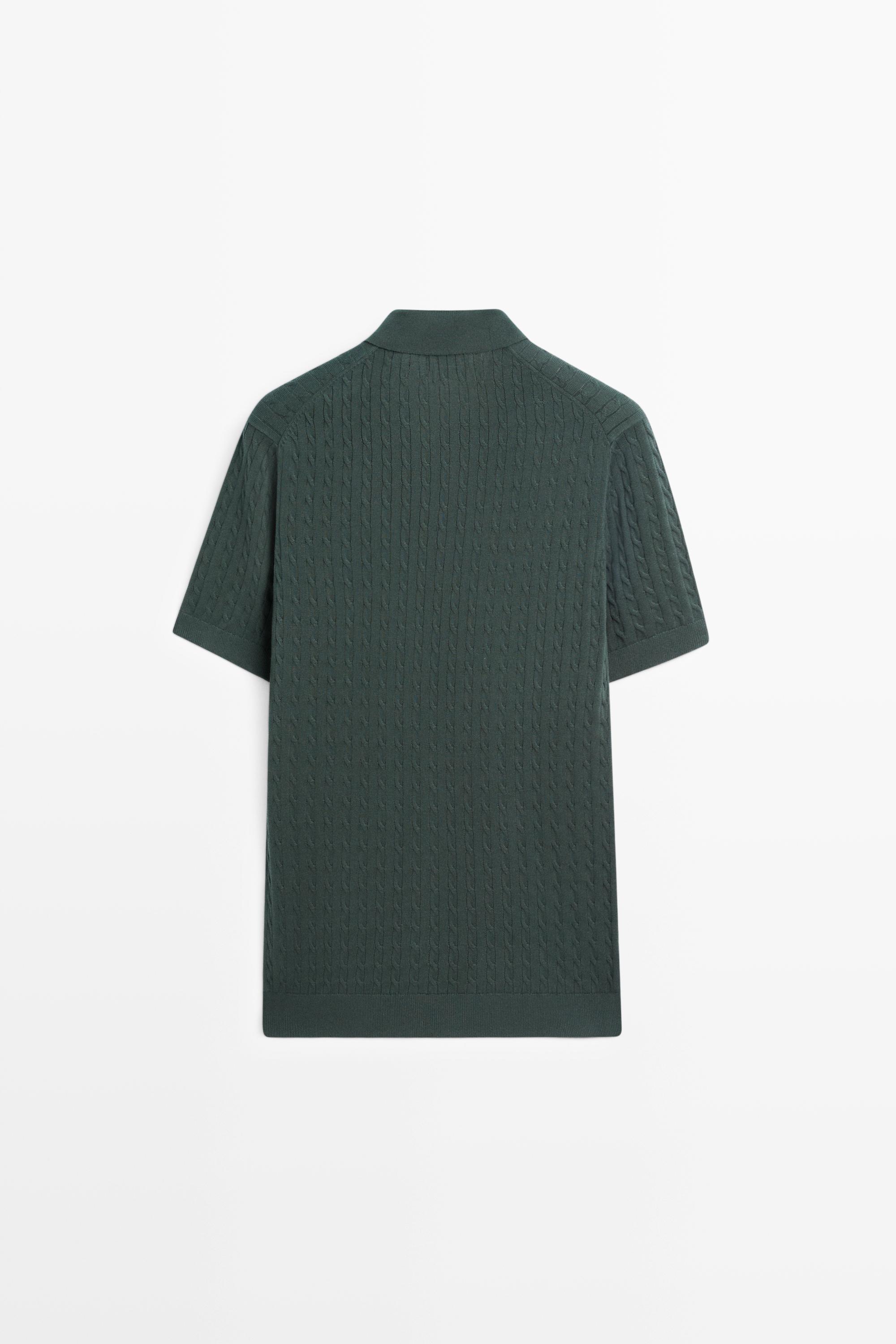 100% cotton cable-knit polo shirt — DARK BOTTLE GREEN