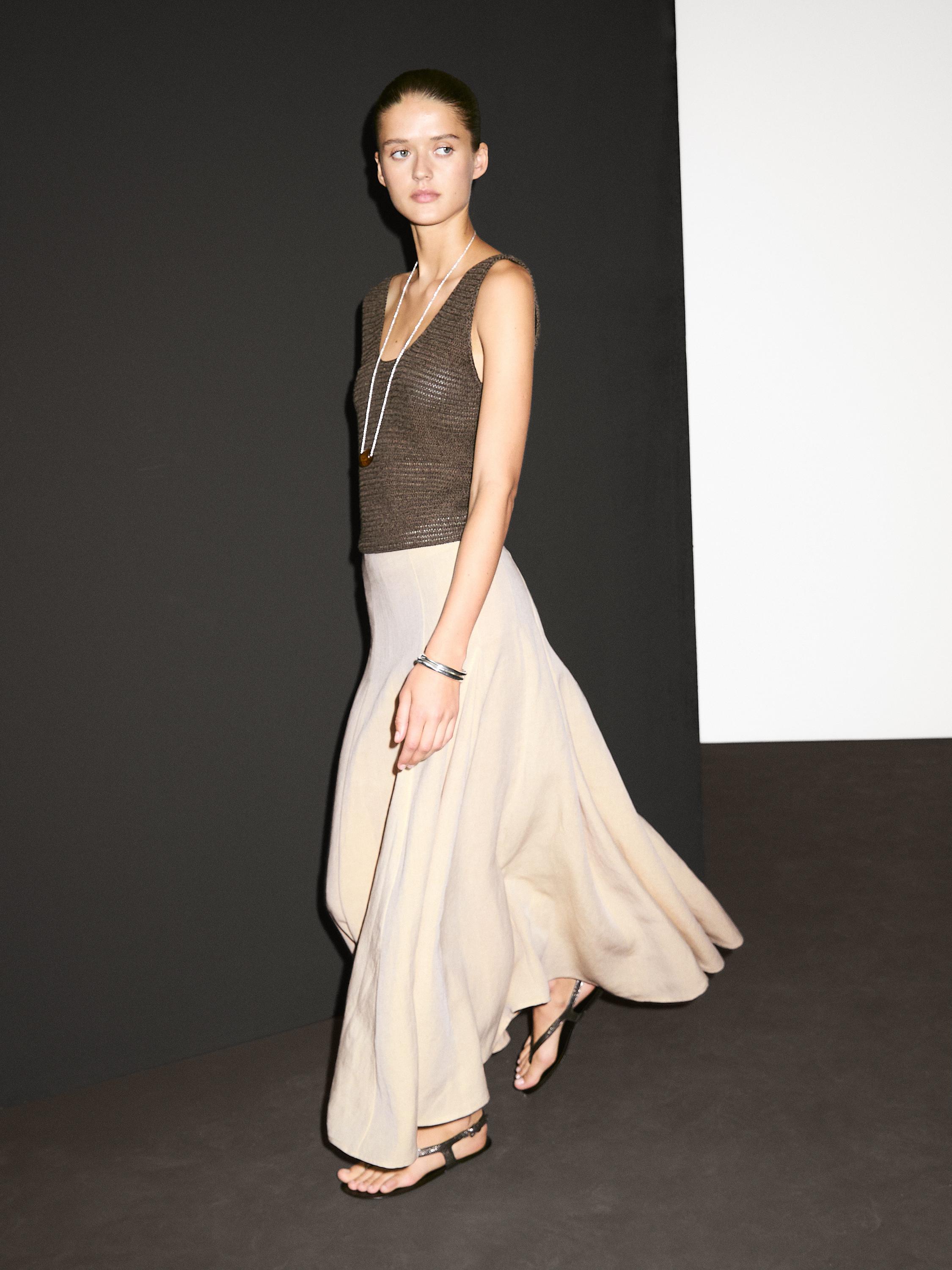 Flounce linen blend midi skirt