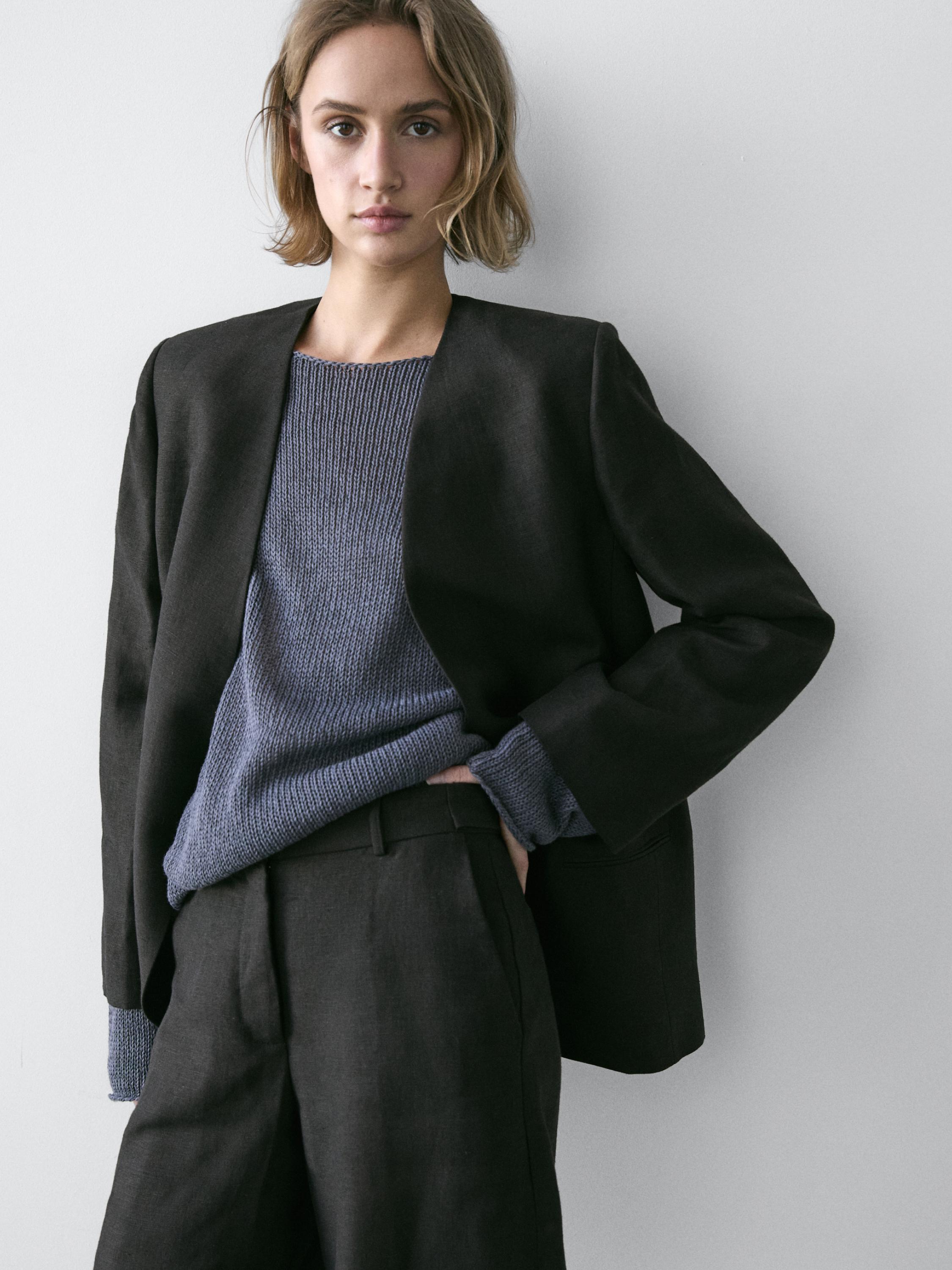 100% linen lapelless blazer — BLACK