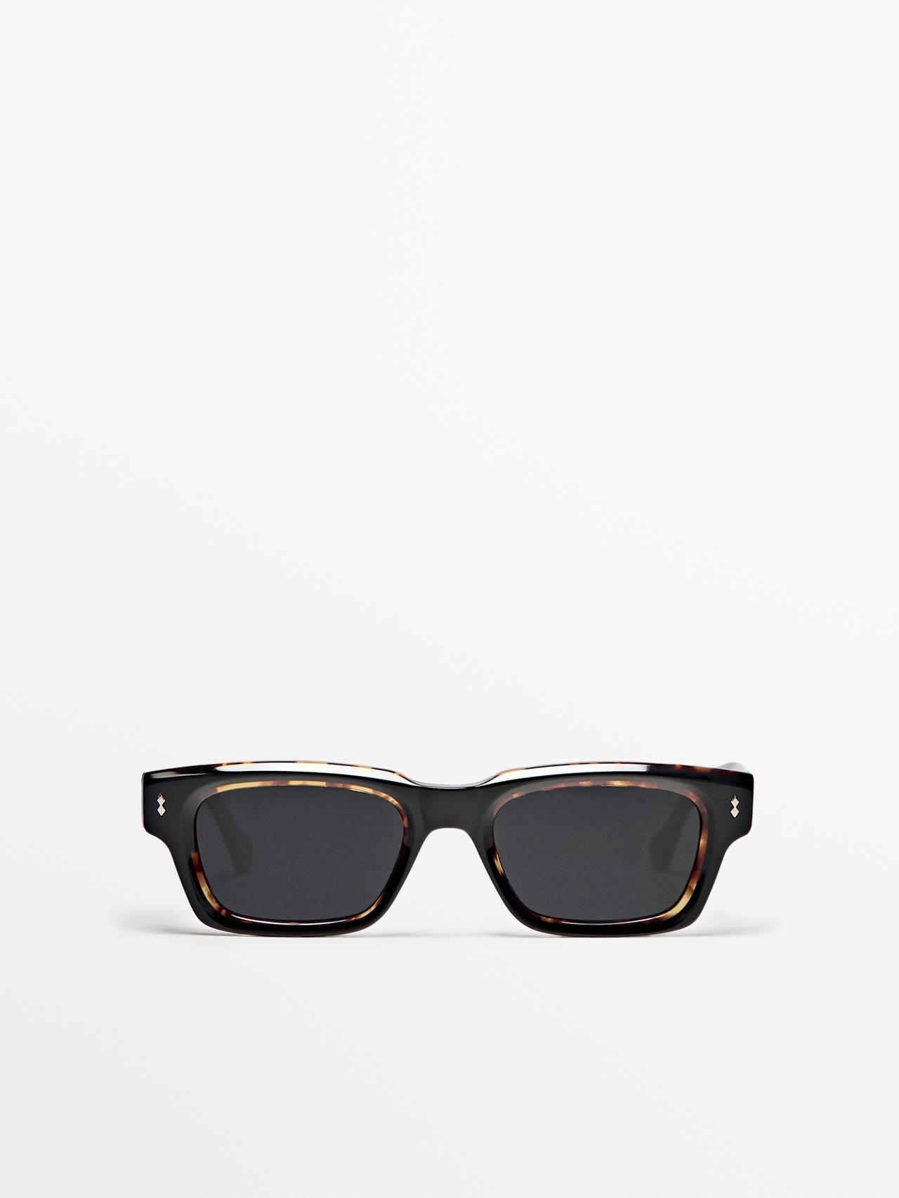 Massimo Dutti - Herre - Smalle, Firkantede Solbriller Med Skildpaddeskjoldseffekt - Brun - 01
