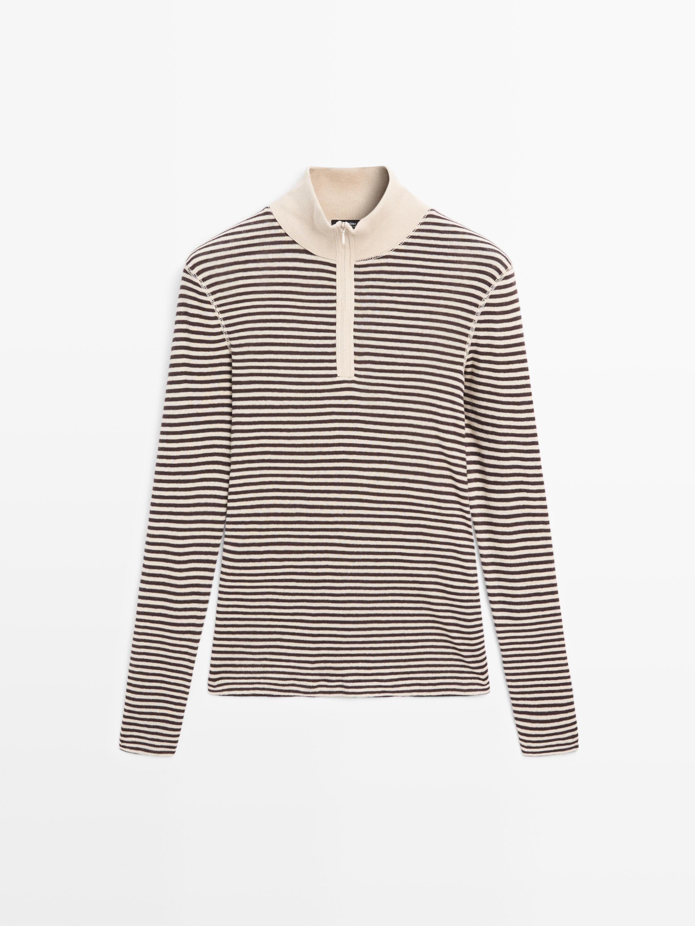Pull en maille fine à col zippé et rayures