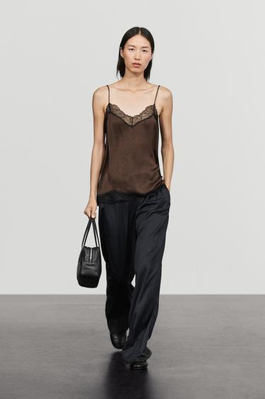 Contrast lace camisole top — BROWN MARL 1