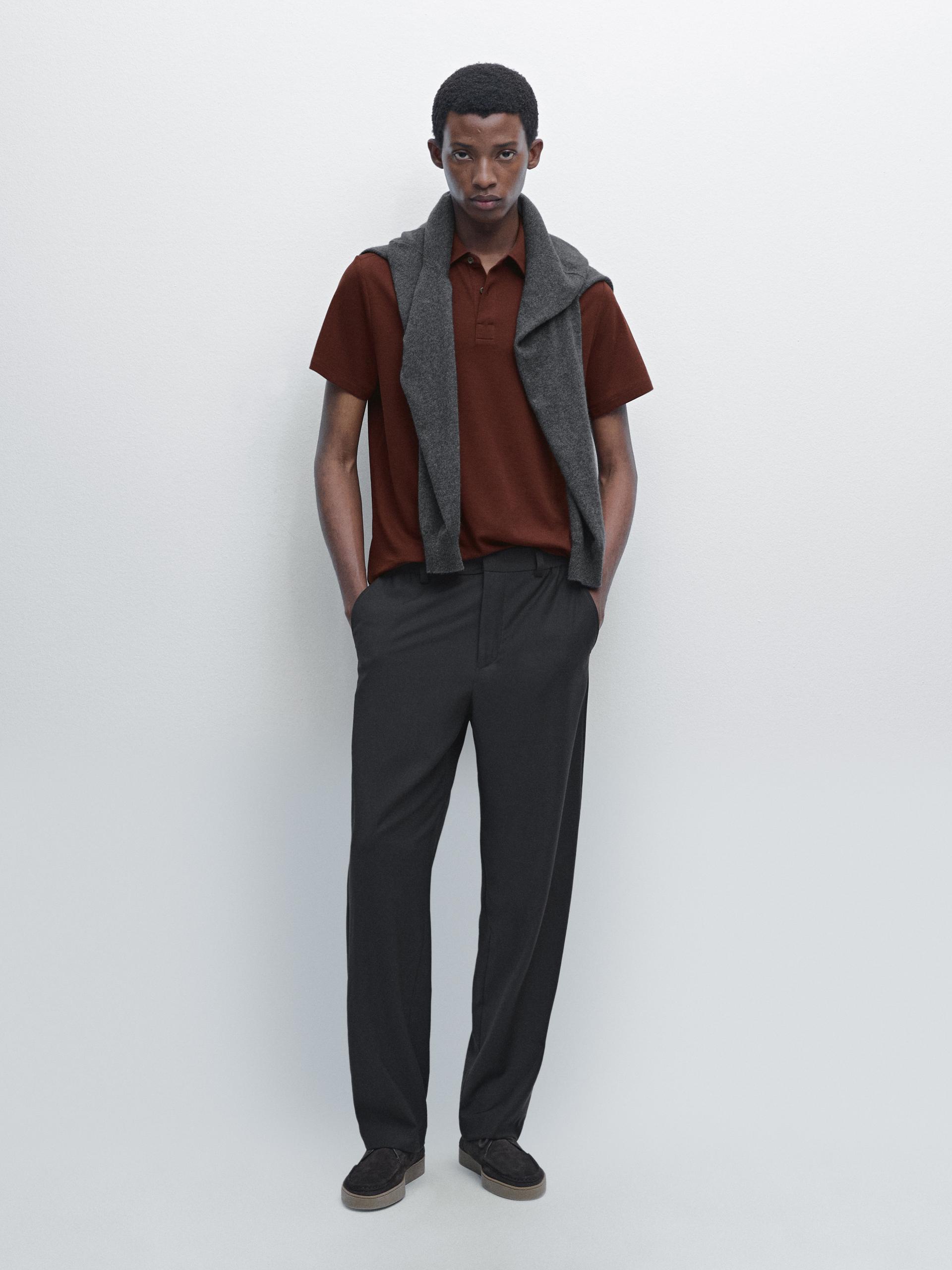 Polo À Manches Courtes En Coton Mélangé - Terre Cuite - Xxl - Massimo Dutti - Homme