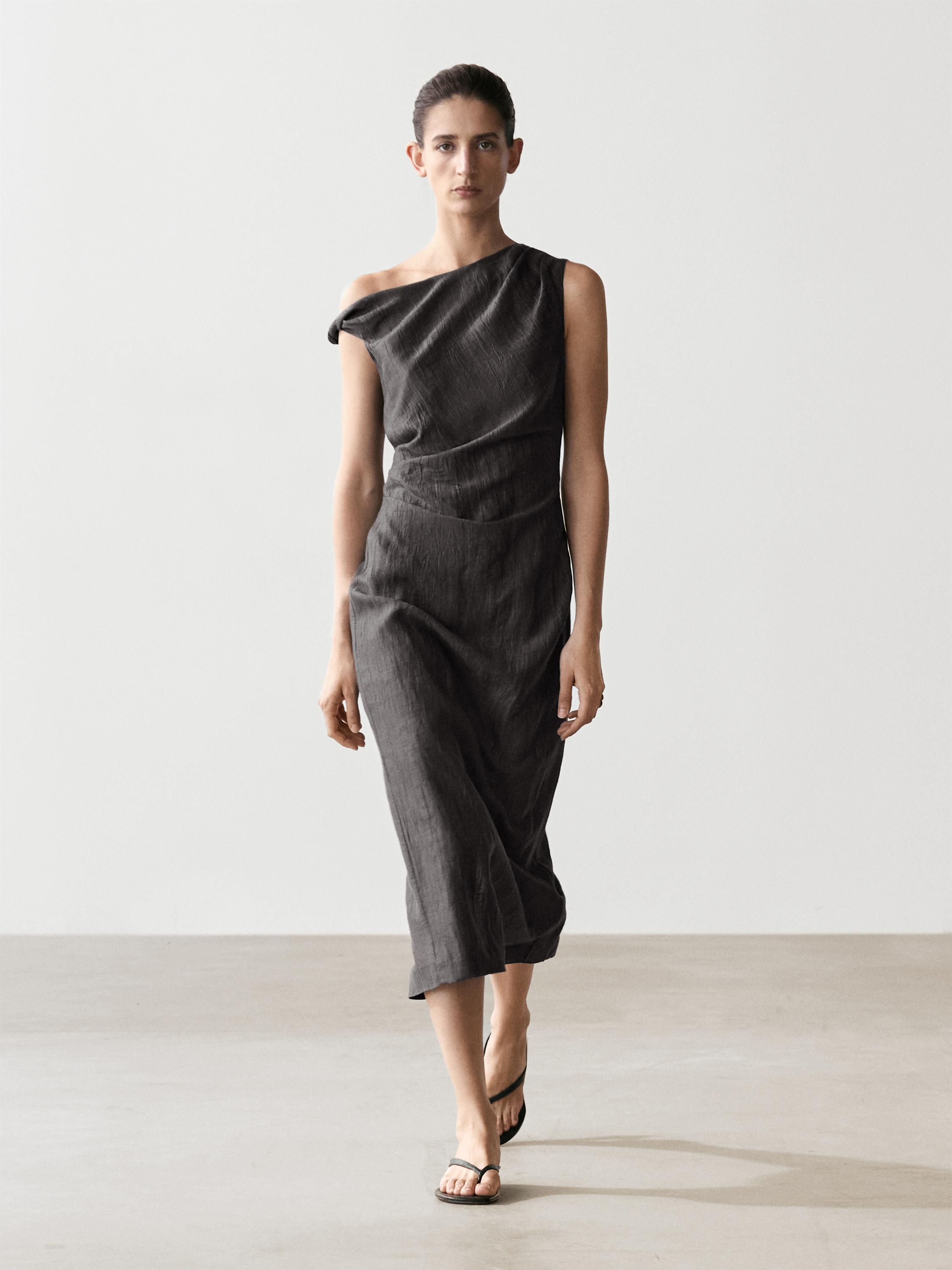 Midi dress with pleated shoulder detail — DARK GREY