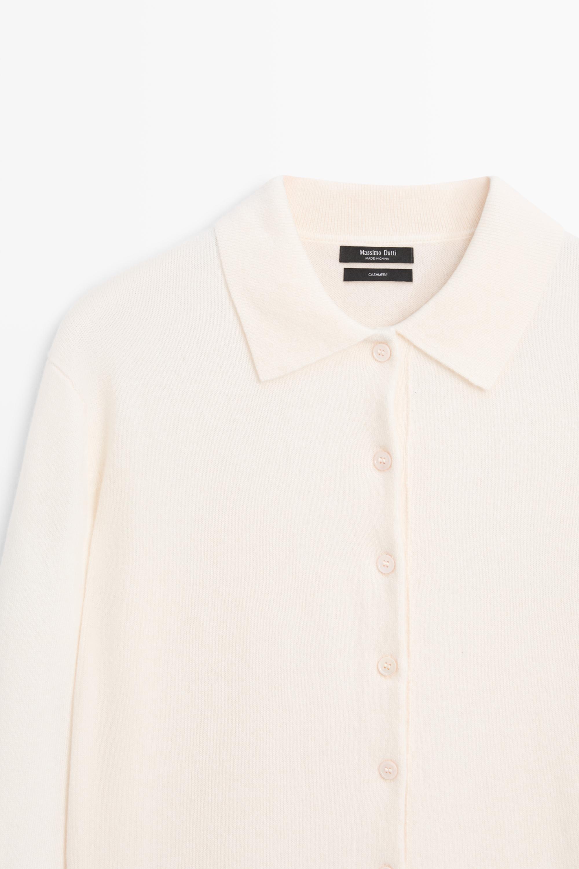 100% cashmere knit polo collar cardigan — CREAM
