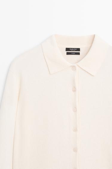 100% cashmere knit polo collar cardigan — CREAM 4