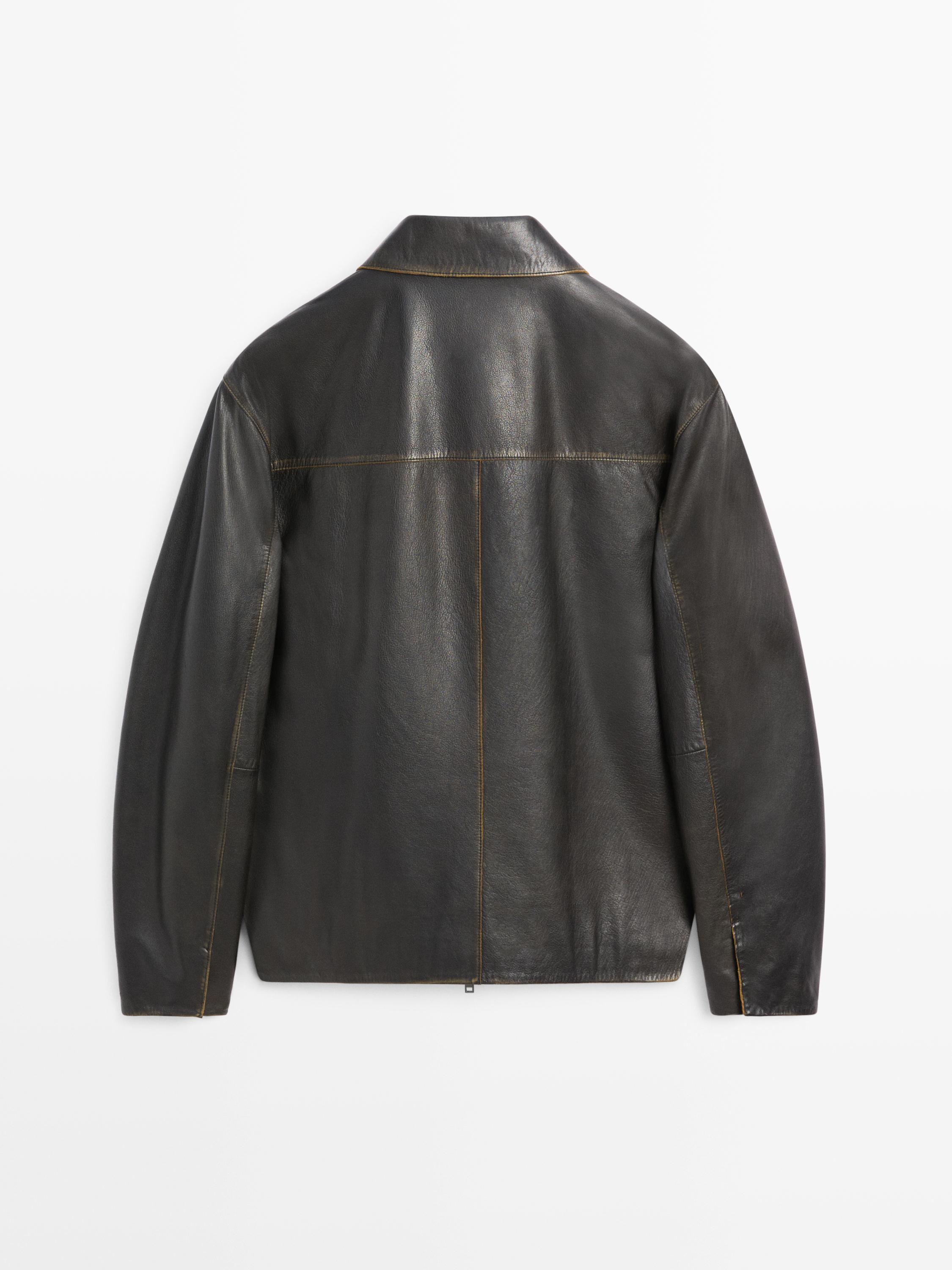 Distressed effect leather jacket — BROWN