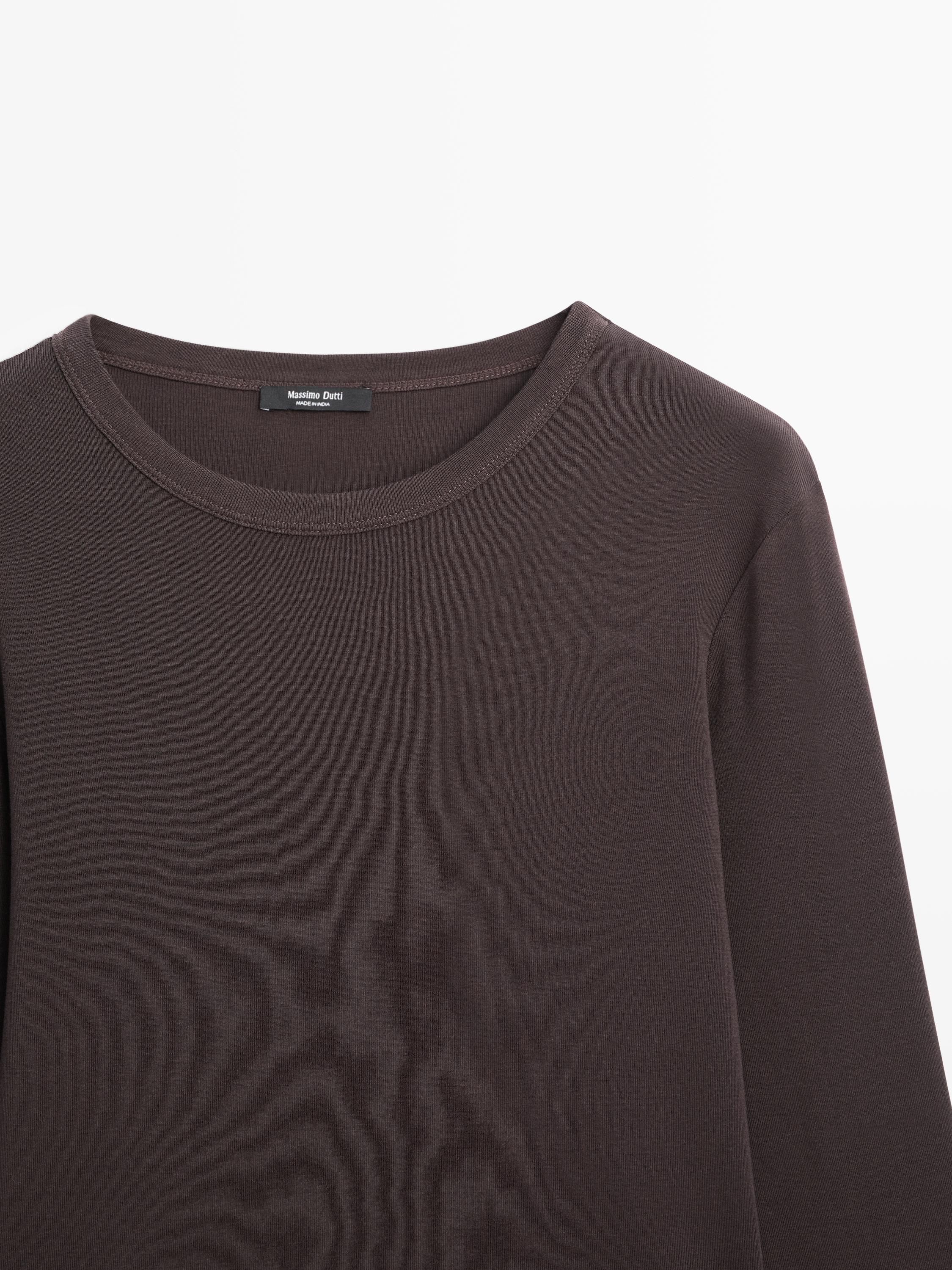 Ribbed long sleeve melange T-shirt — BROWN
