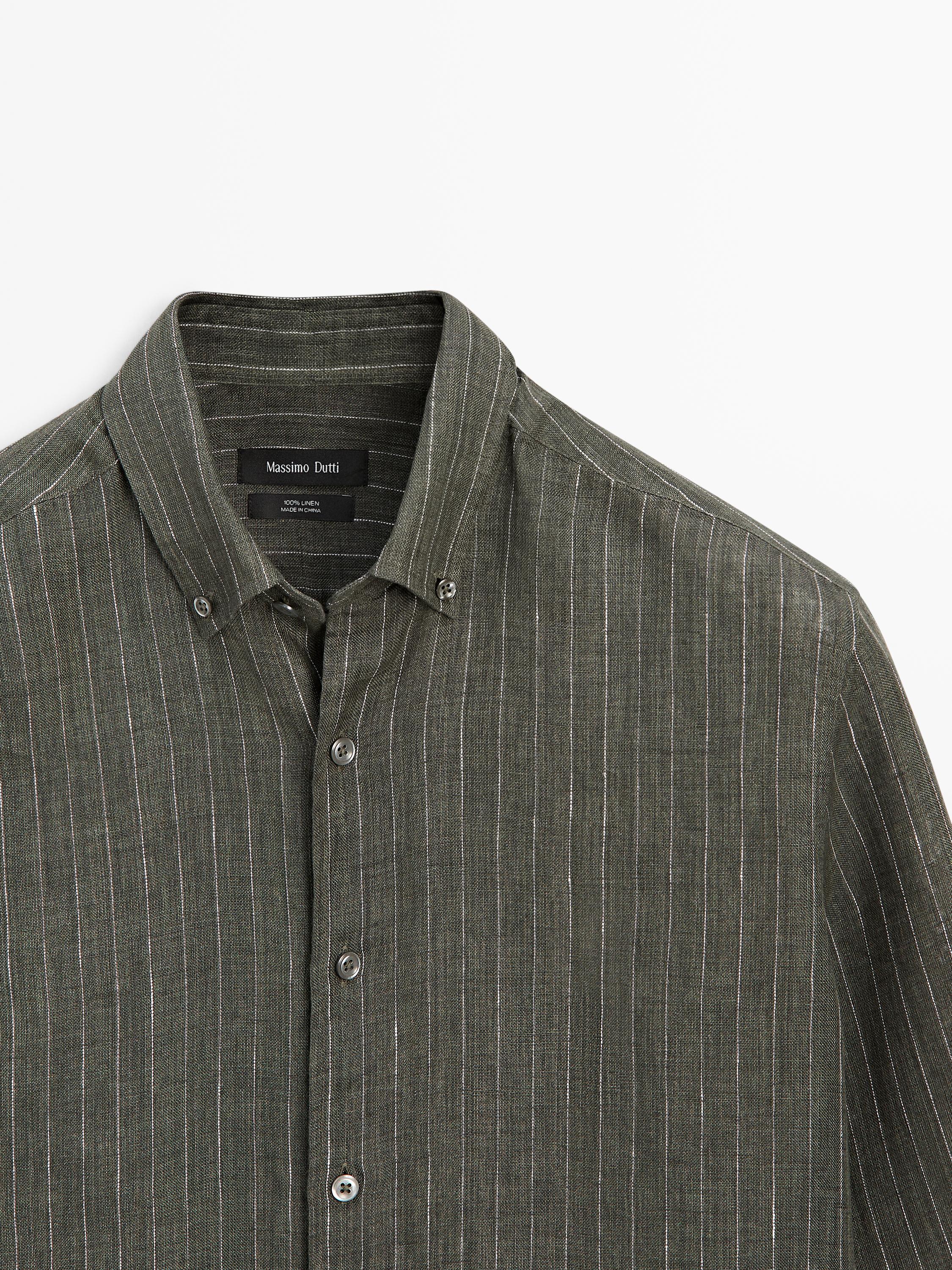 100% linen regular fit striped flowing shirt — GREEN MARL
