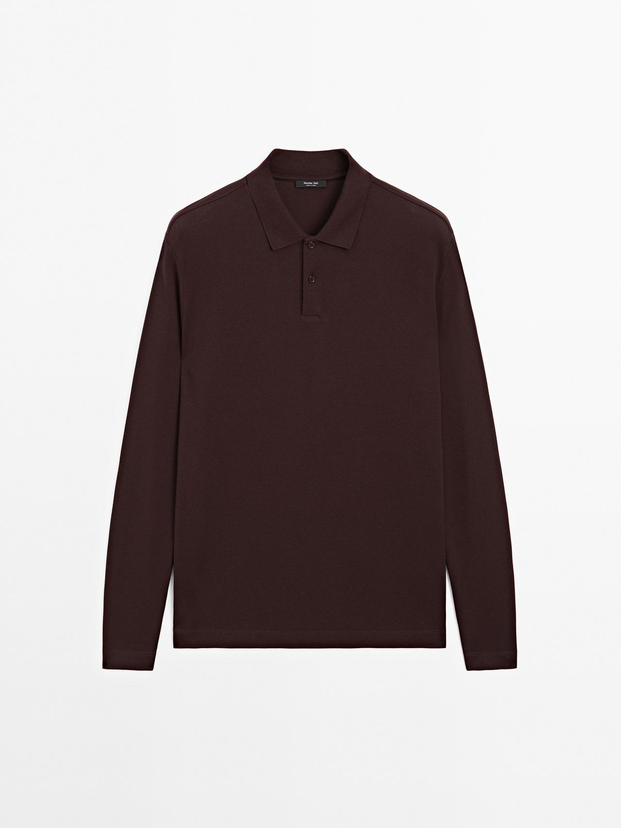 Massimo Dutti - Heren - Piqué Polo Van Gemerceriseerde Katoen Met Lange Mouw - Bordeaux - S
