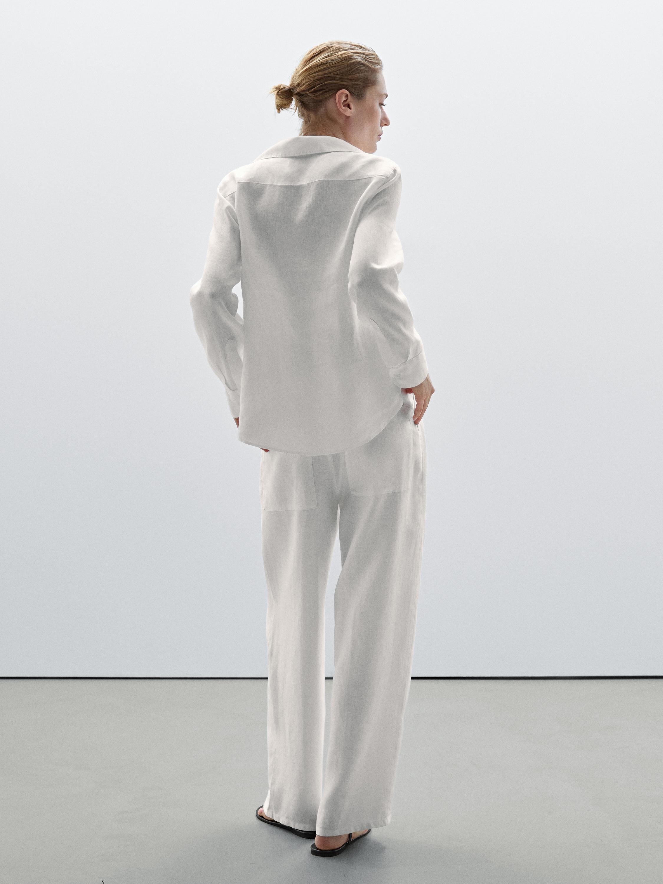 100% linen wide-leg mid-rise trousers