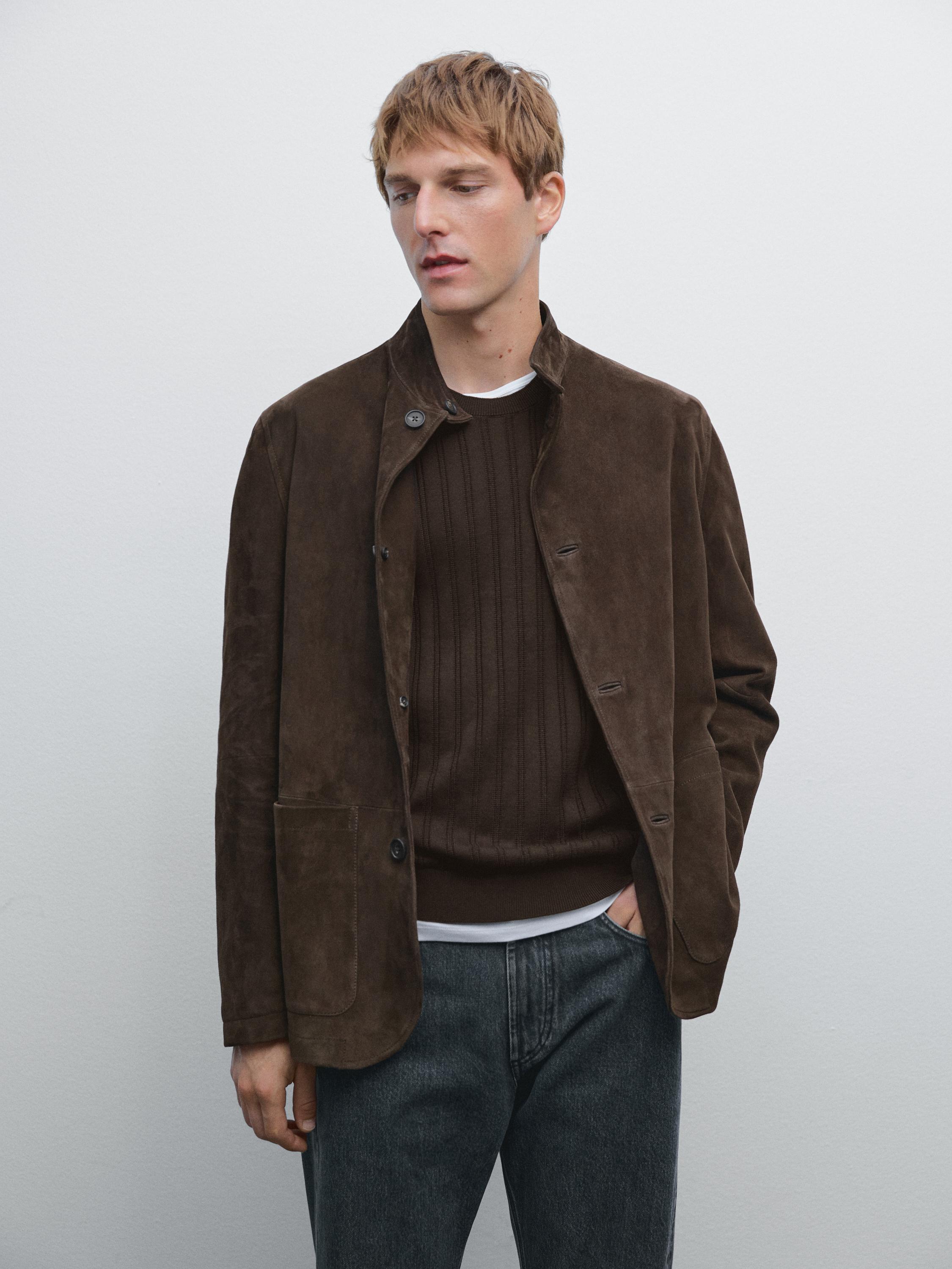 Suede leather stand collar jacket
