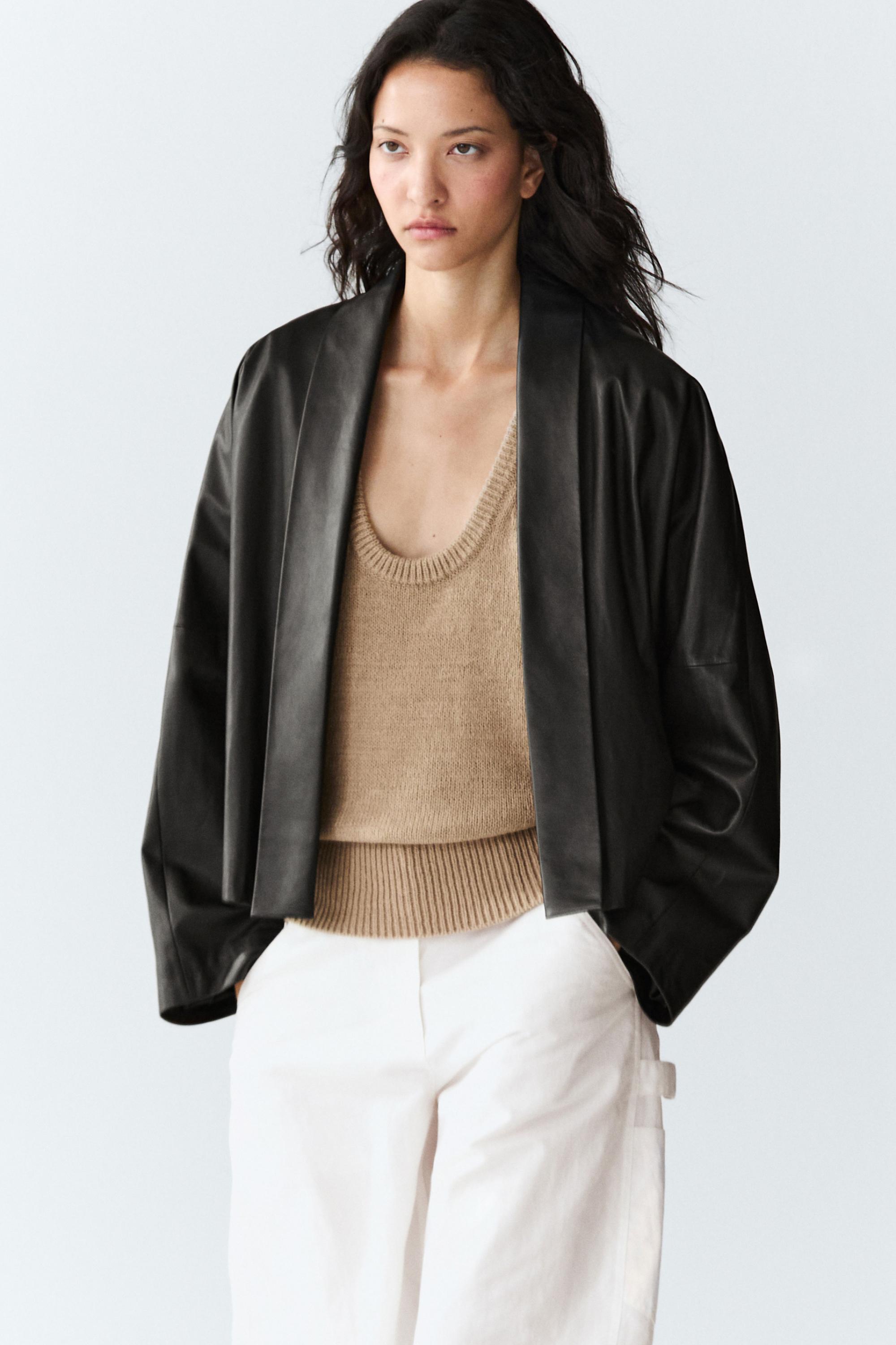 Nappa leather lapel kimono — BLACK