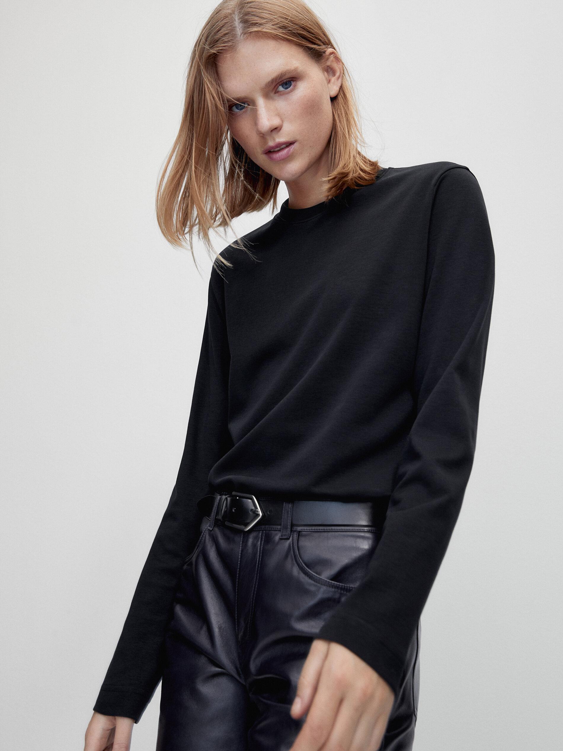 100% cotton interlock long sleeve T-shirt — BLACK