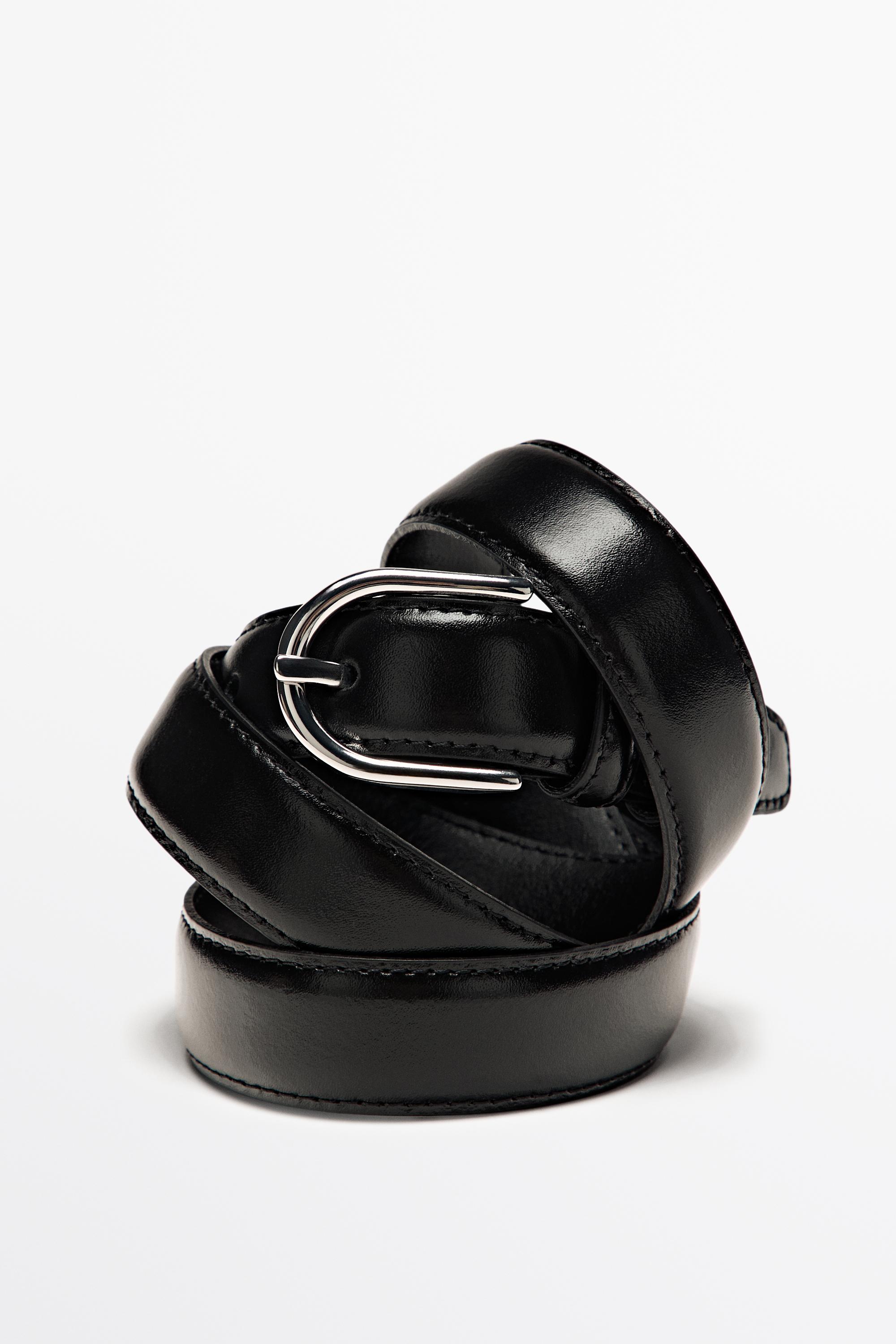 Nappa leather belt with topstitching and oval buckle — BLACK