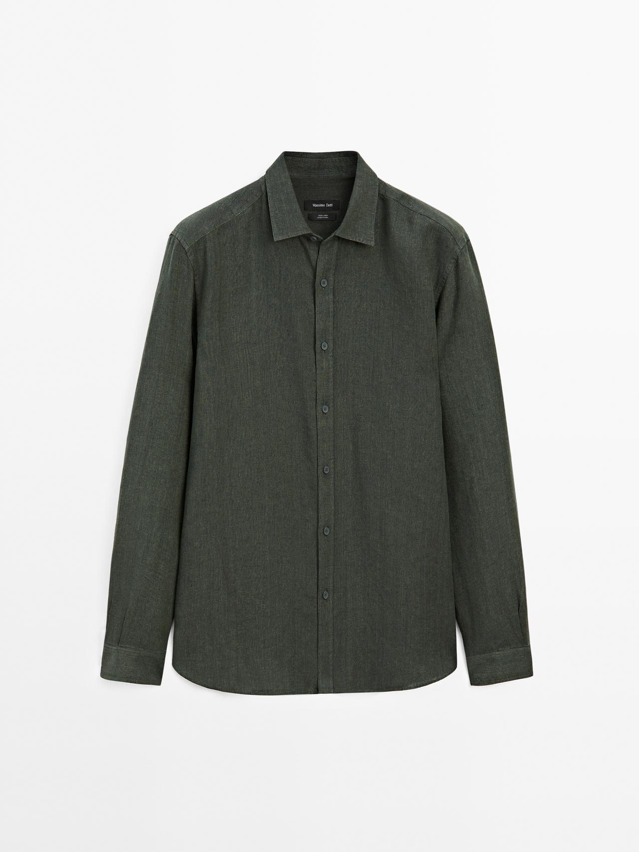 Massimo Dutti - Herre - Regular Fit Skjorte I Forvasket Hør - Kaki - M