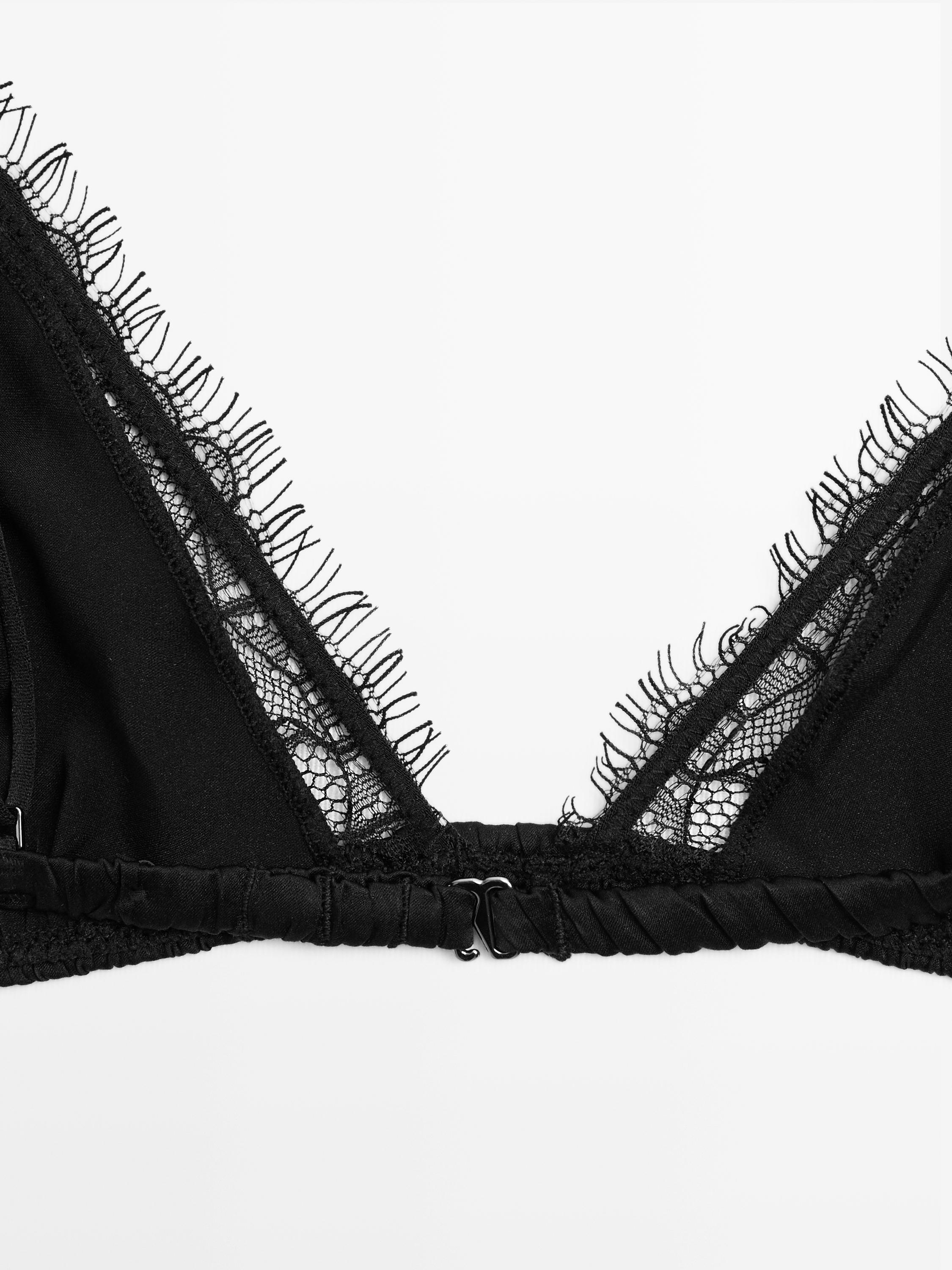 Silk and lace triangle bralette — BLACK