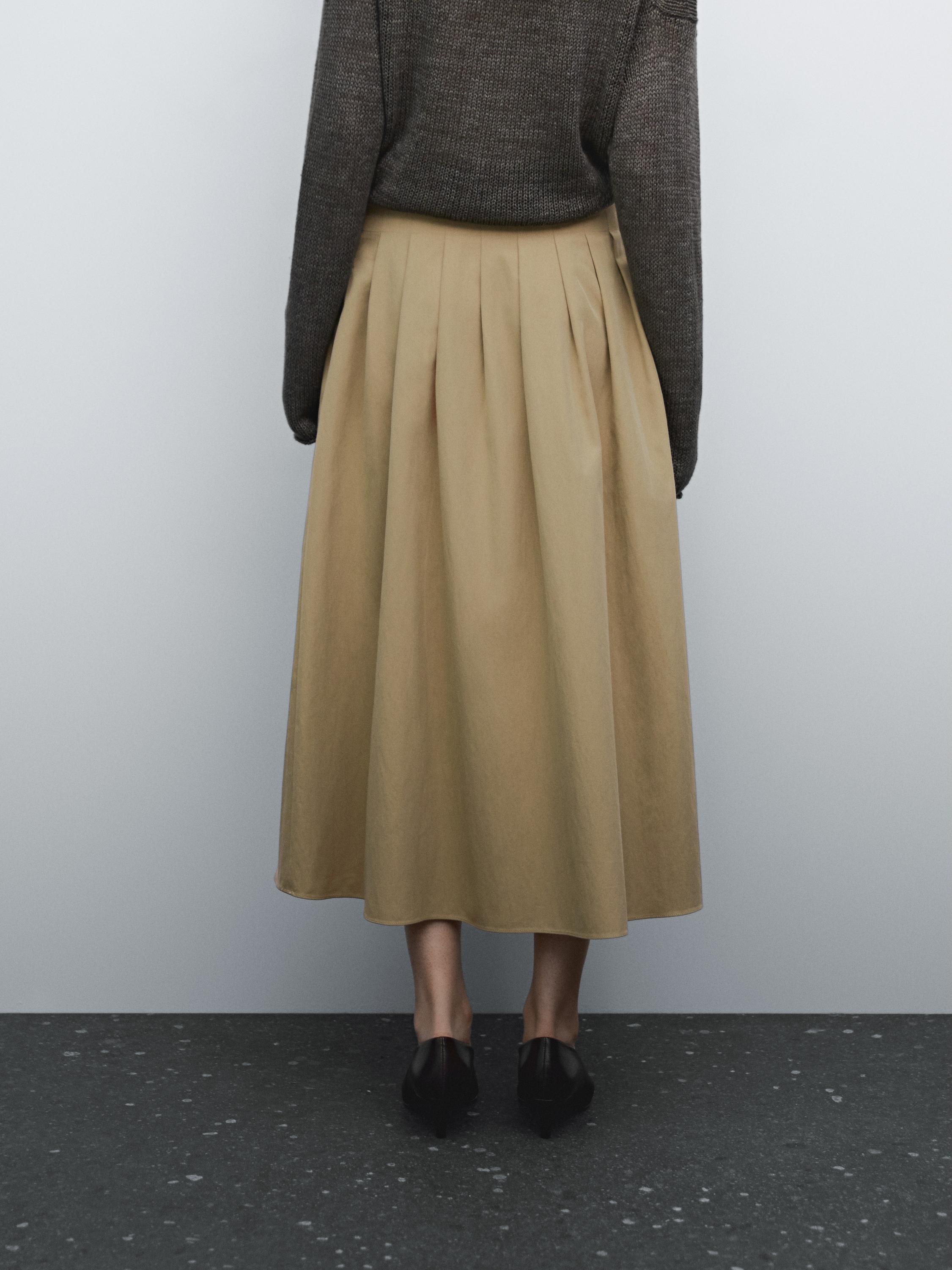 Cotton blend box pleat midi skirt