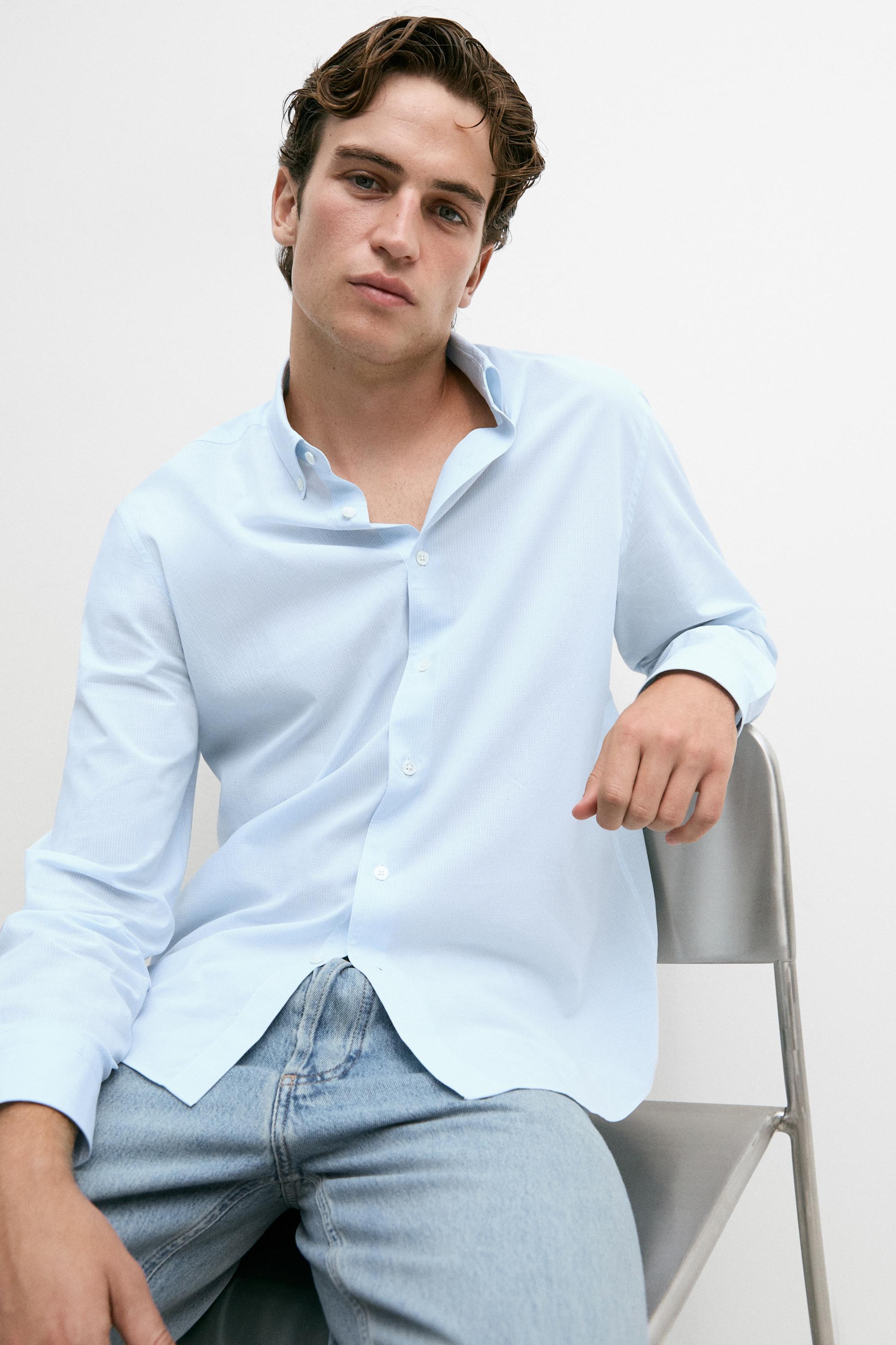 100% Cotton Pinstriped Shirt — SKY BLUE