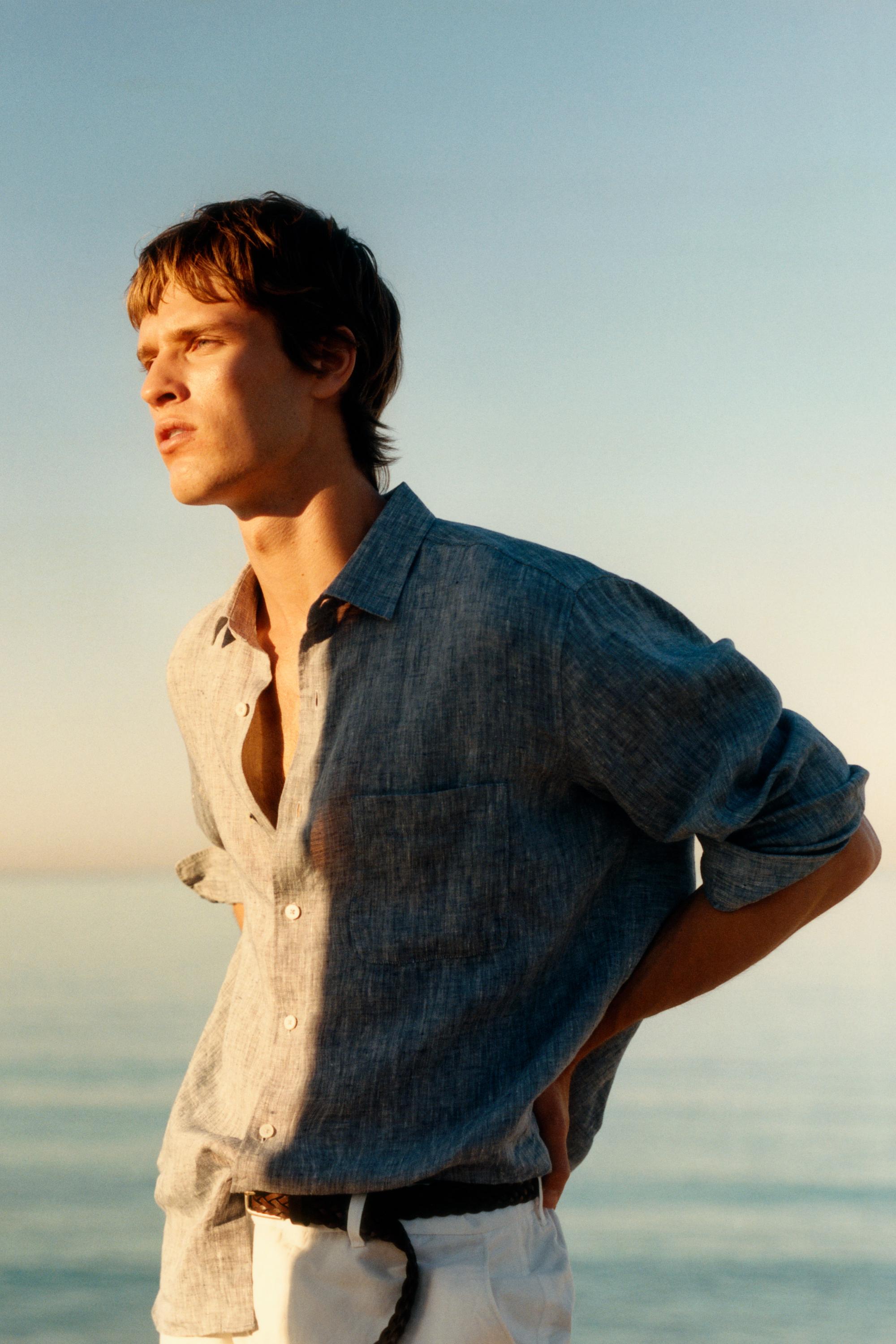 Regular fit linen shirt with pocket — BLUE