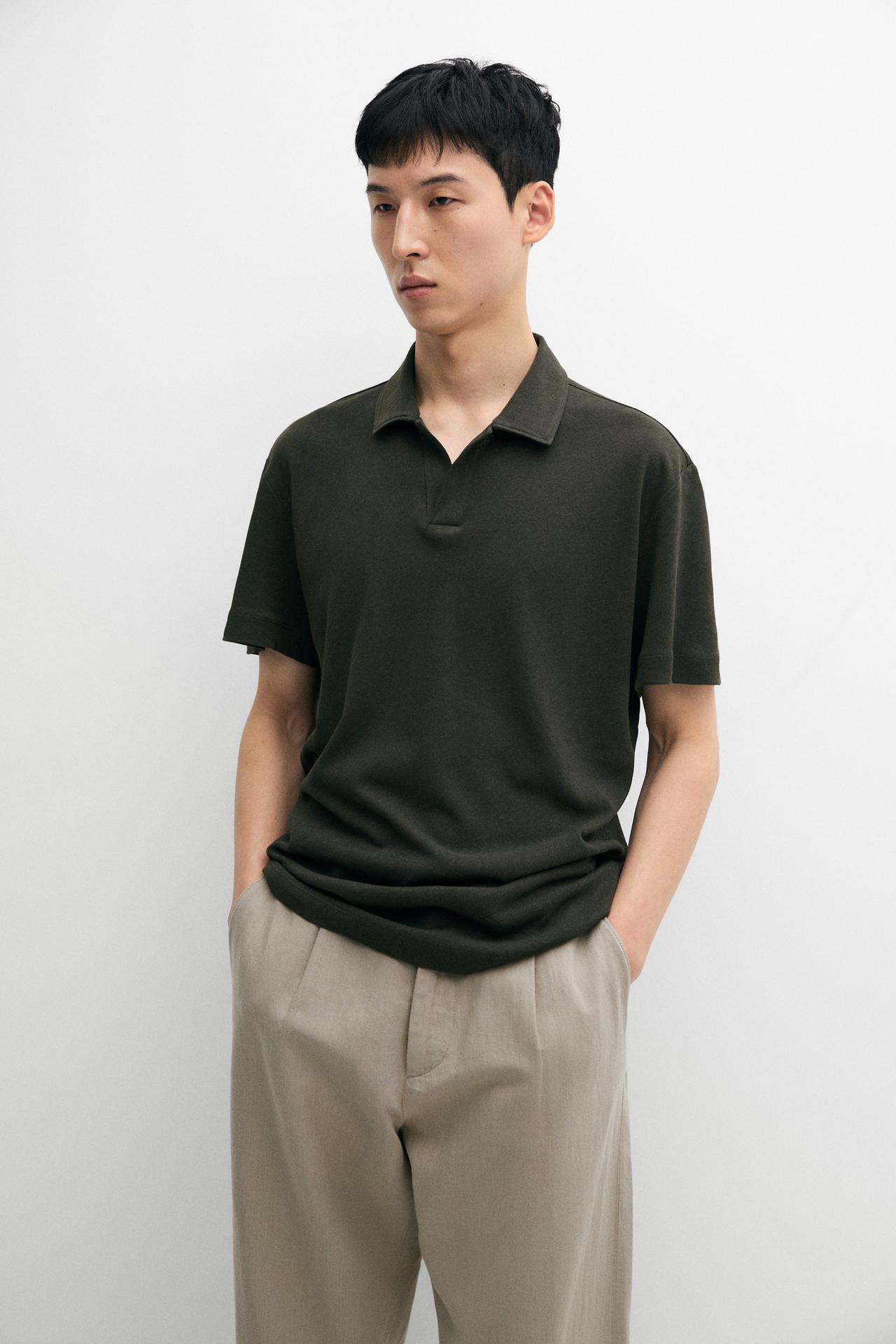 Short sleeve linen cotton polo shirt — DARK GREEN