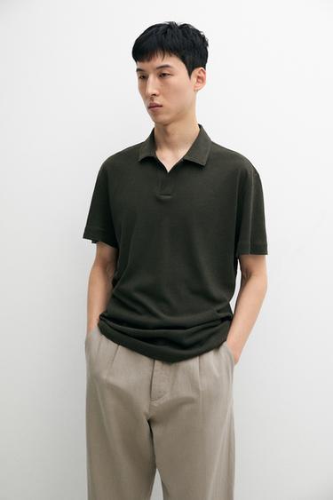 Short sleeve linen cotton polo shirt — DARK GREEN 3