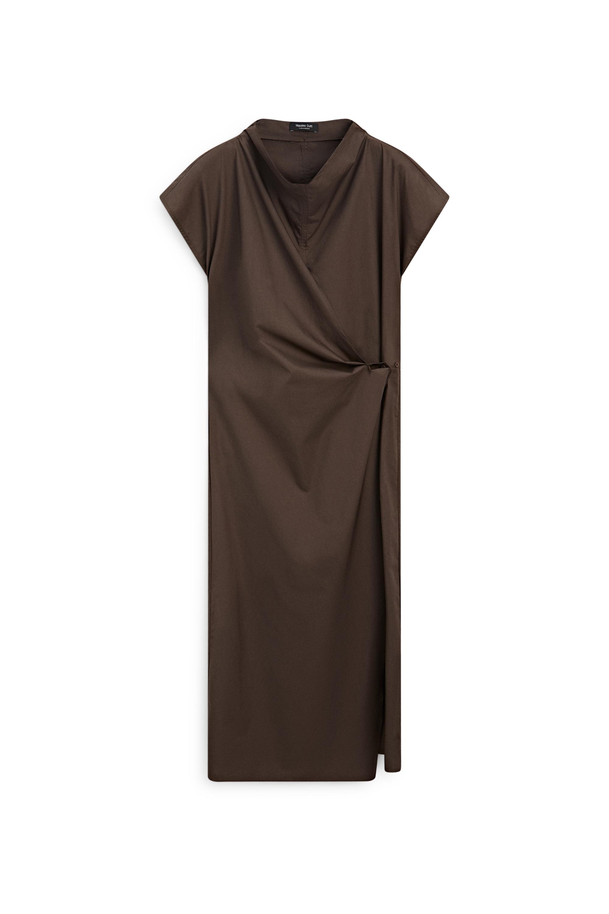 100% cotton draped poplin dress — BROWN
