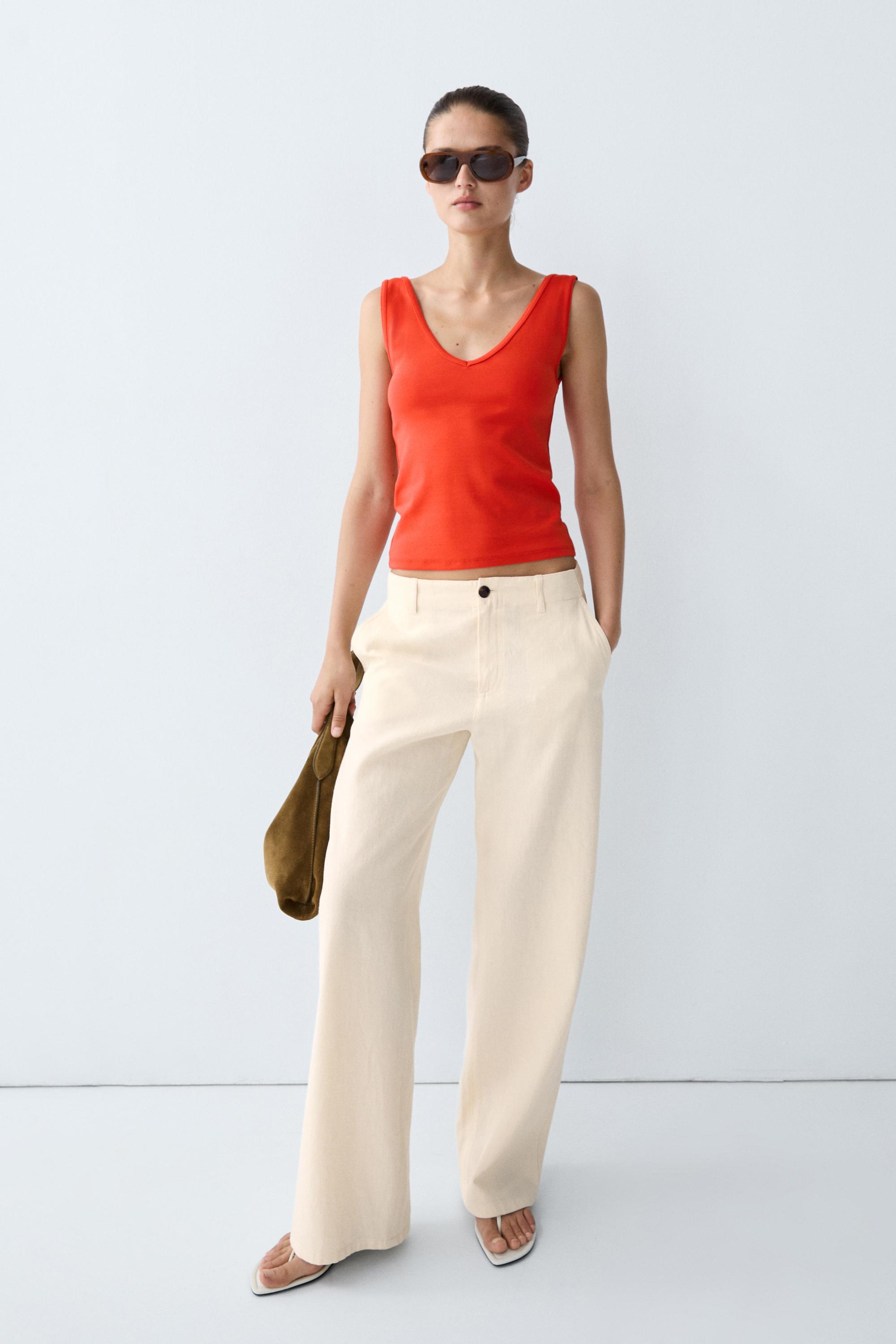 Cotton blend strappy top — CORAL