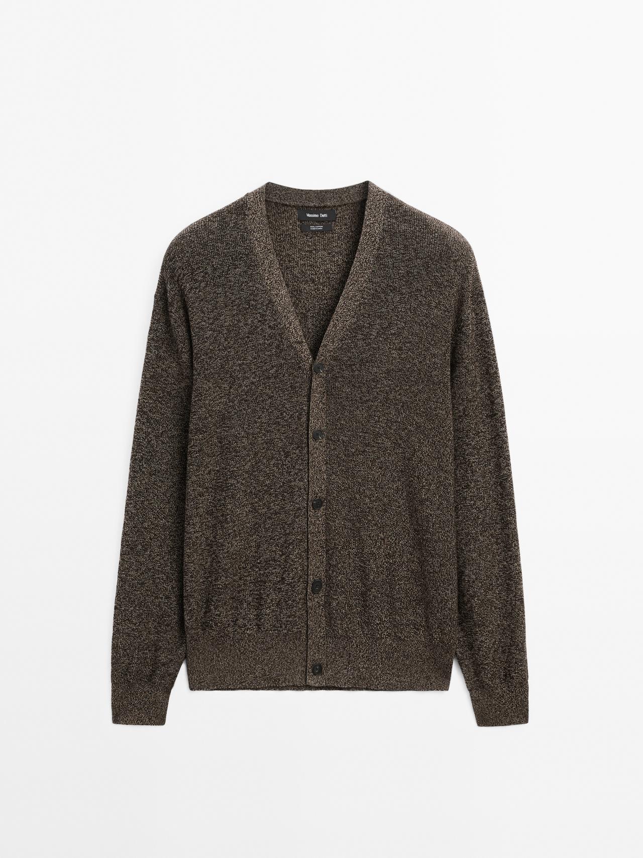 Massimo Dutti - Herre - Cardigan I Moulinéstrik Af 100 % Bomuld - Brun - L