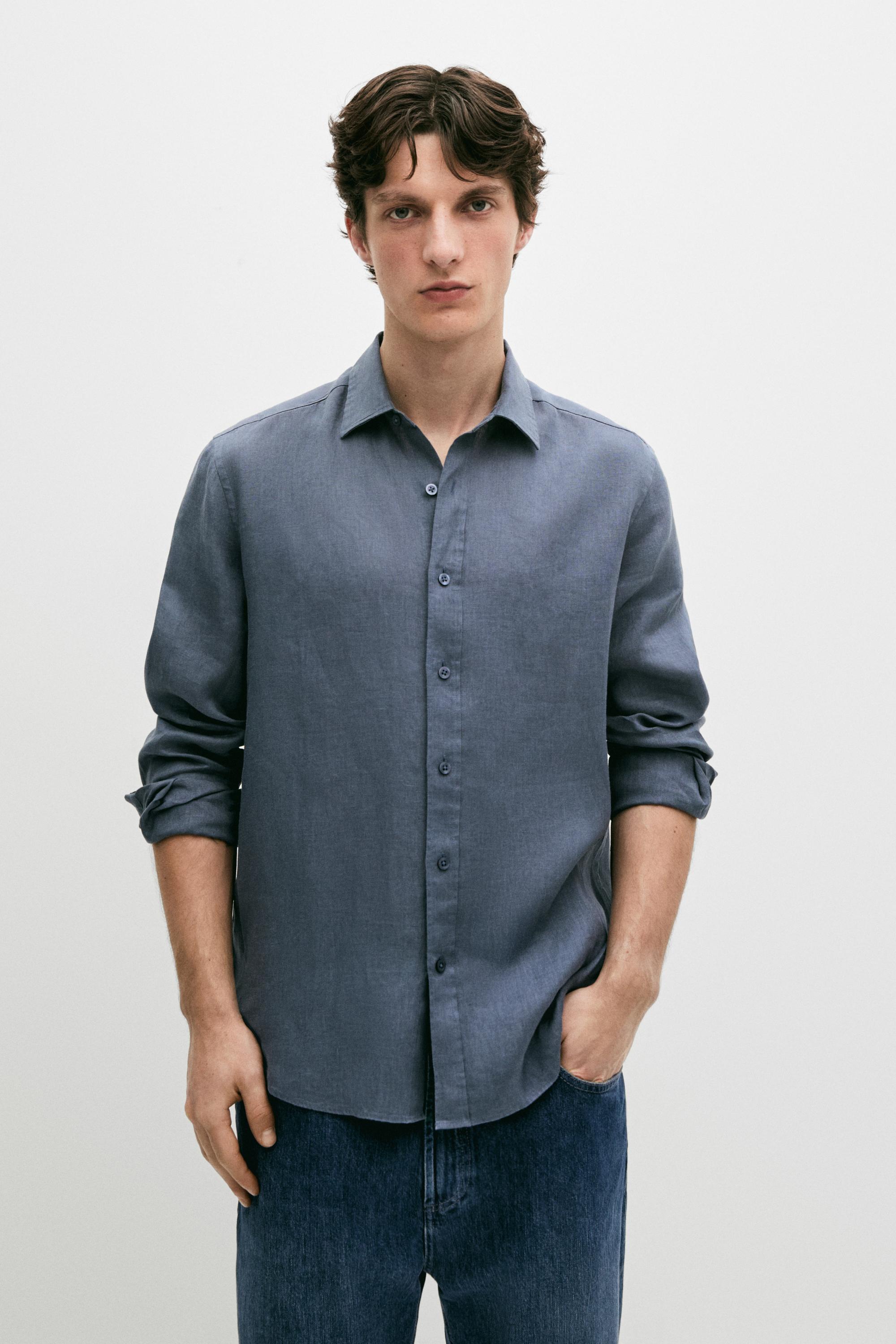 100% linen slim fit shirt — DARK BLUE