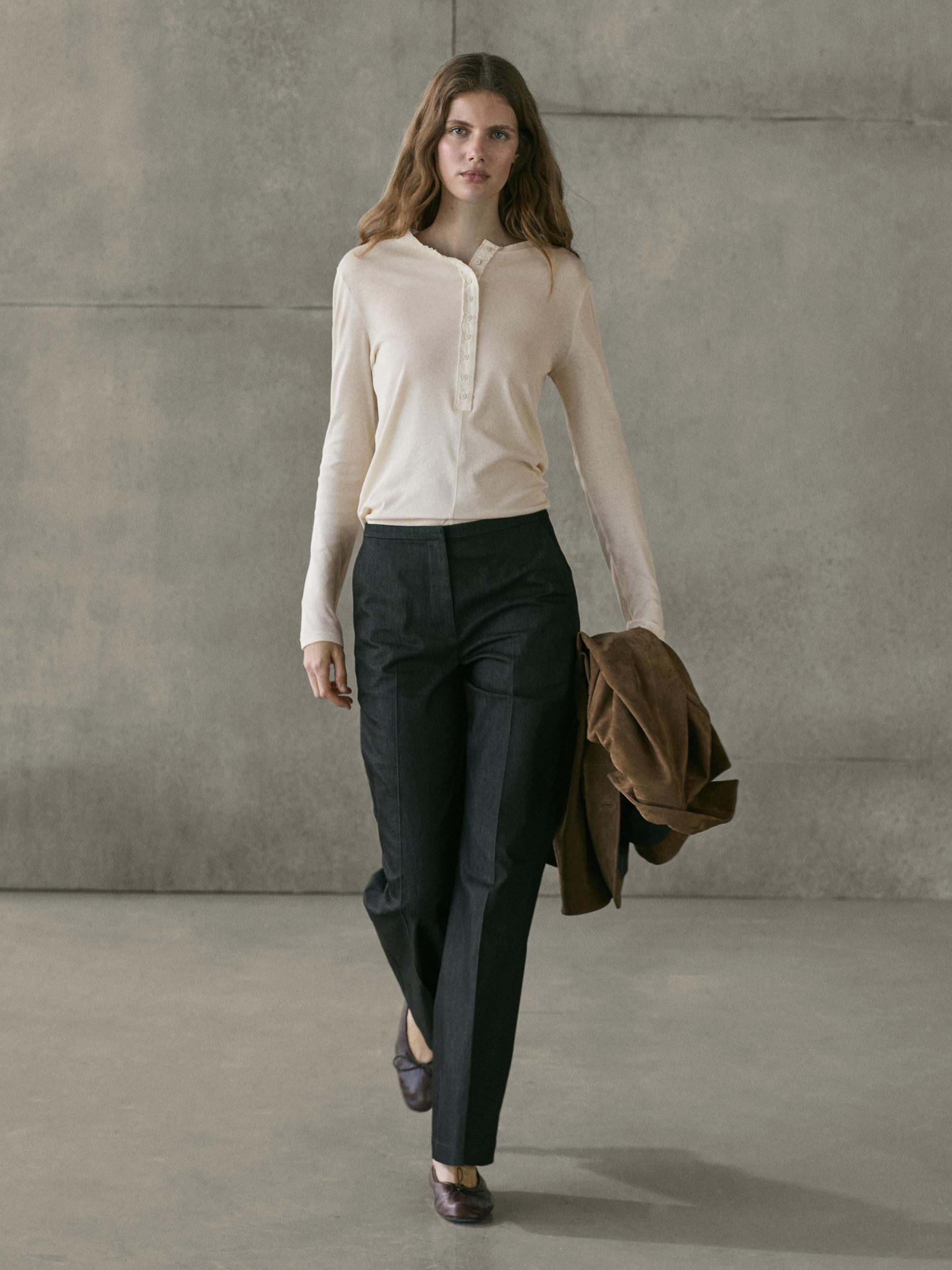 Camiseta Botonadura Algodón - Crudo - L - Massimo Dutti - Mujer