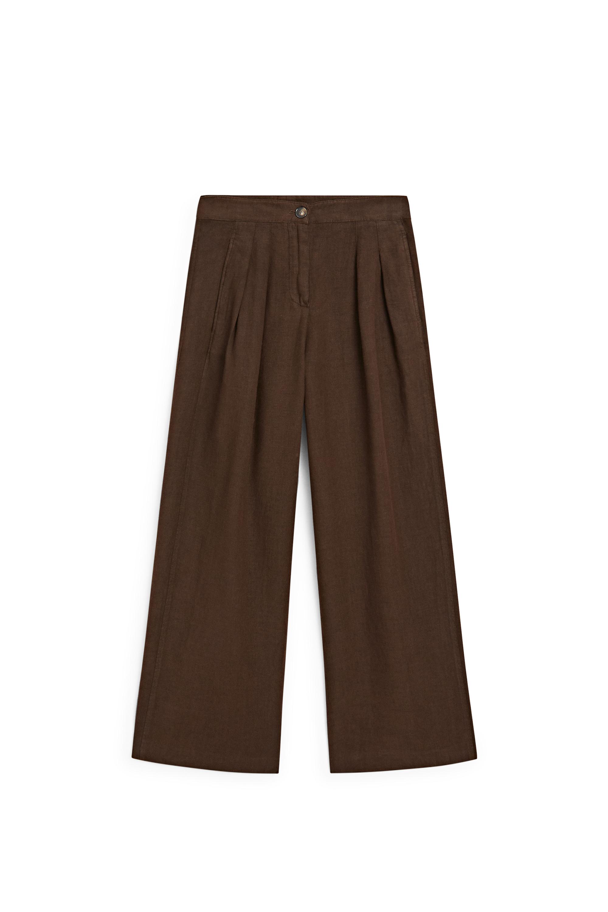 100% linen wide-leg pleated trousers — BROWN