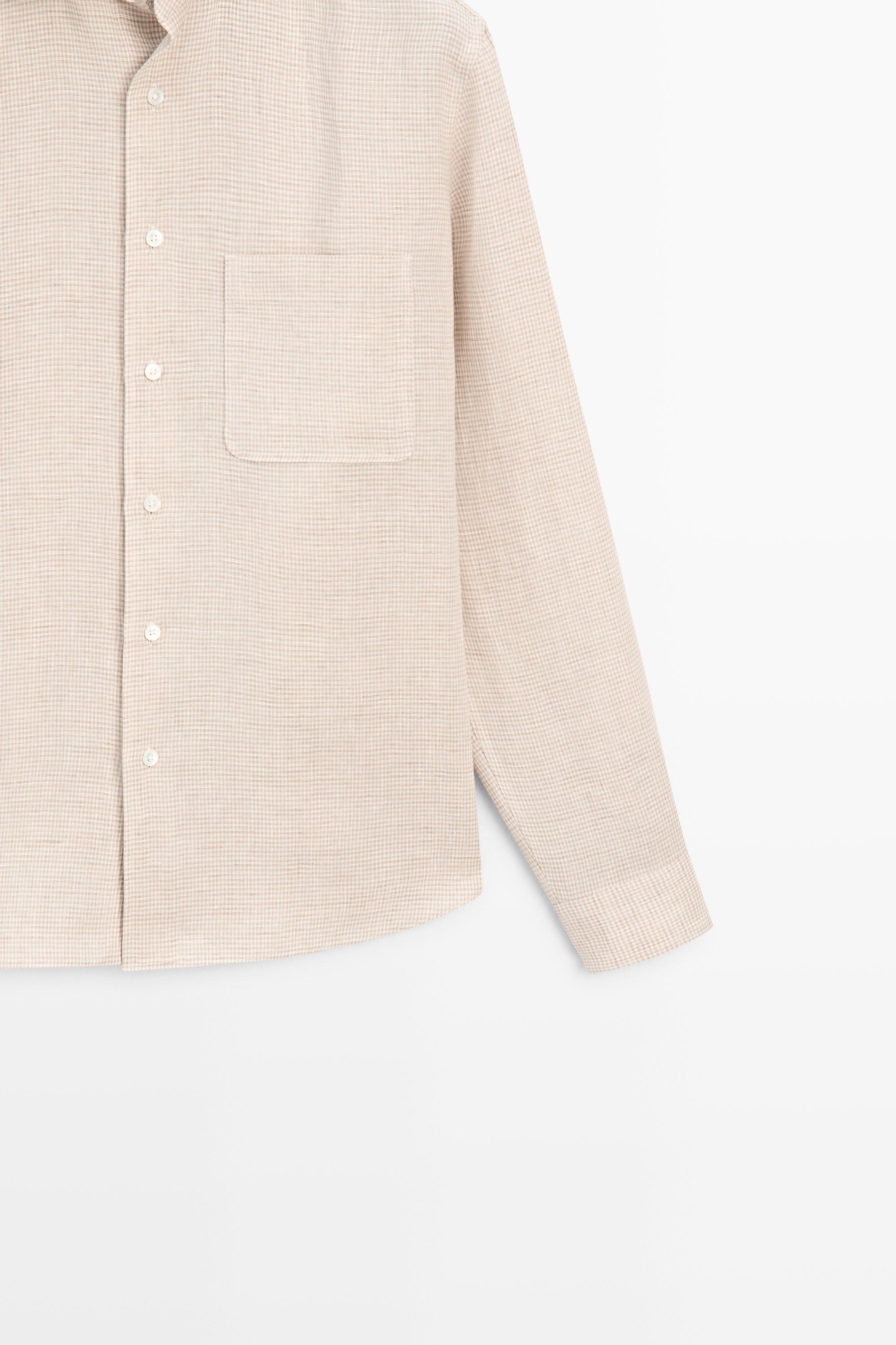 100% linen regular fit micro check shirt — CREAM