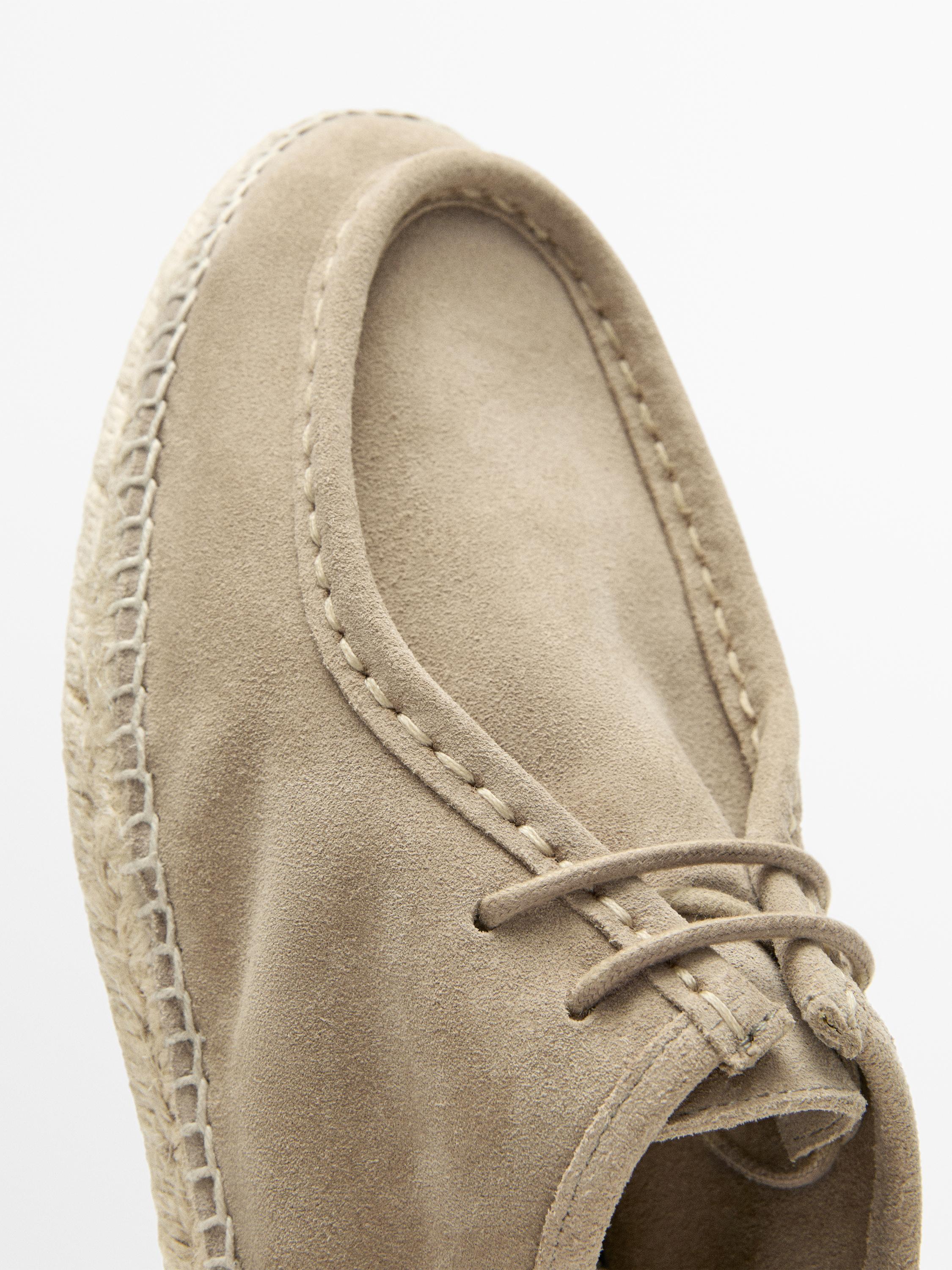 Split leather shoes with moc toe and jute sole — SAND