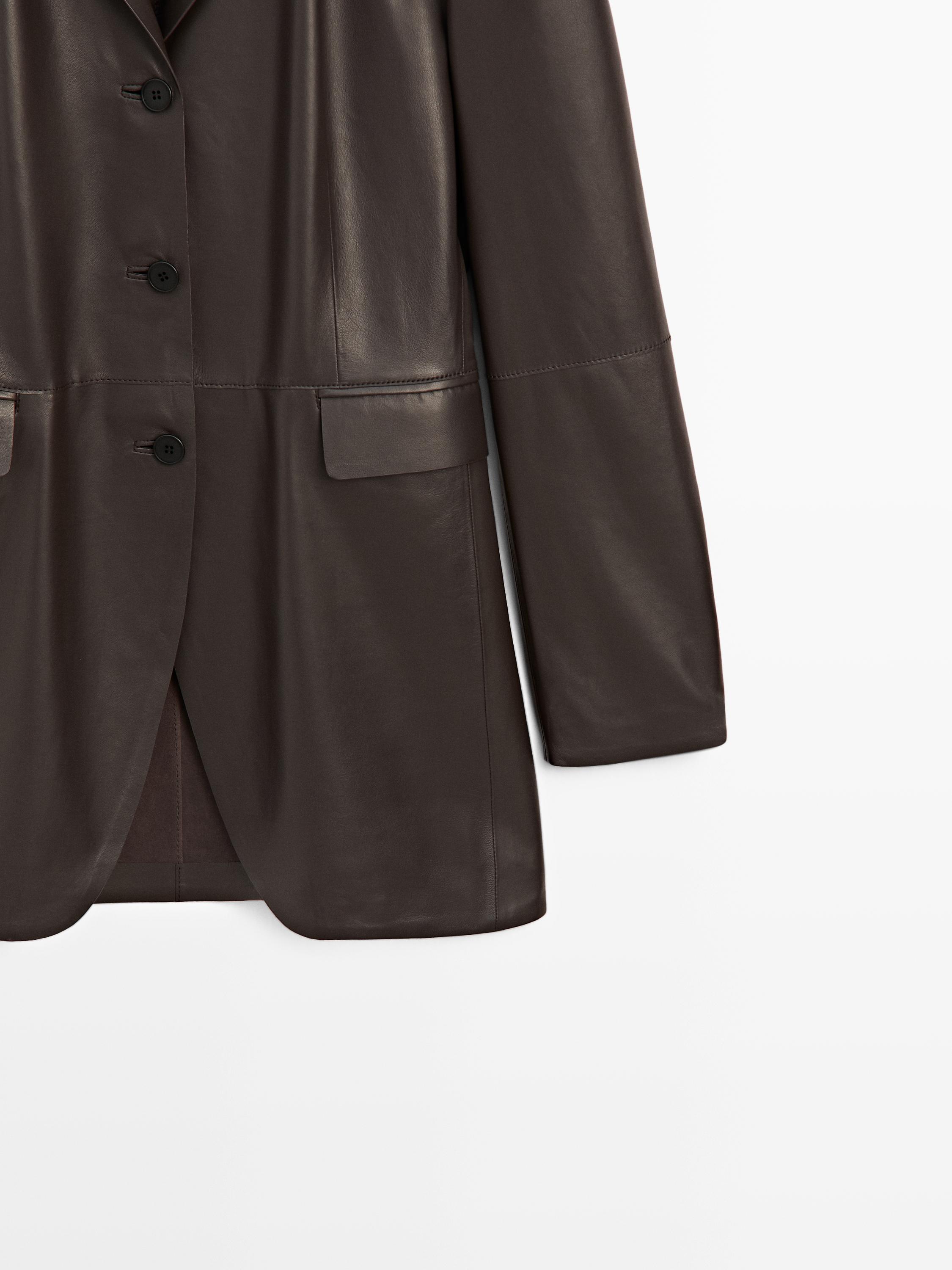 Leather blazer with lapel collar - STUDIO — BROWN